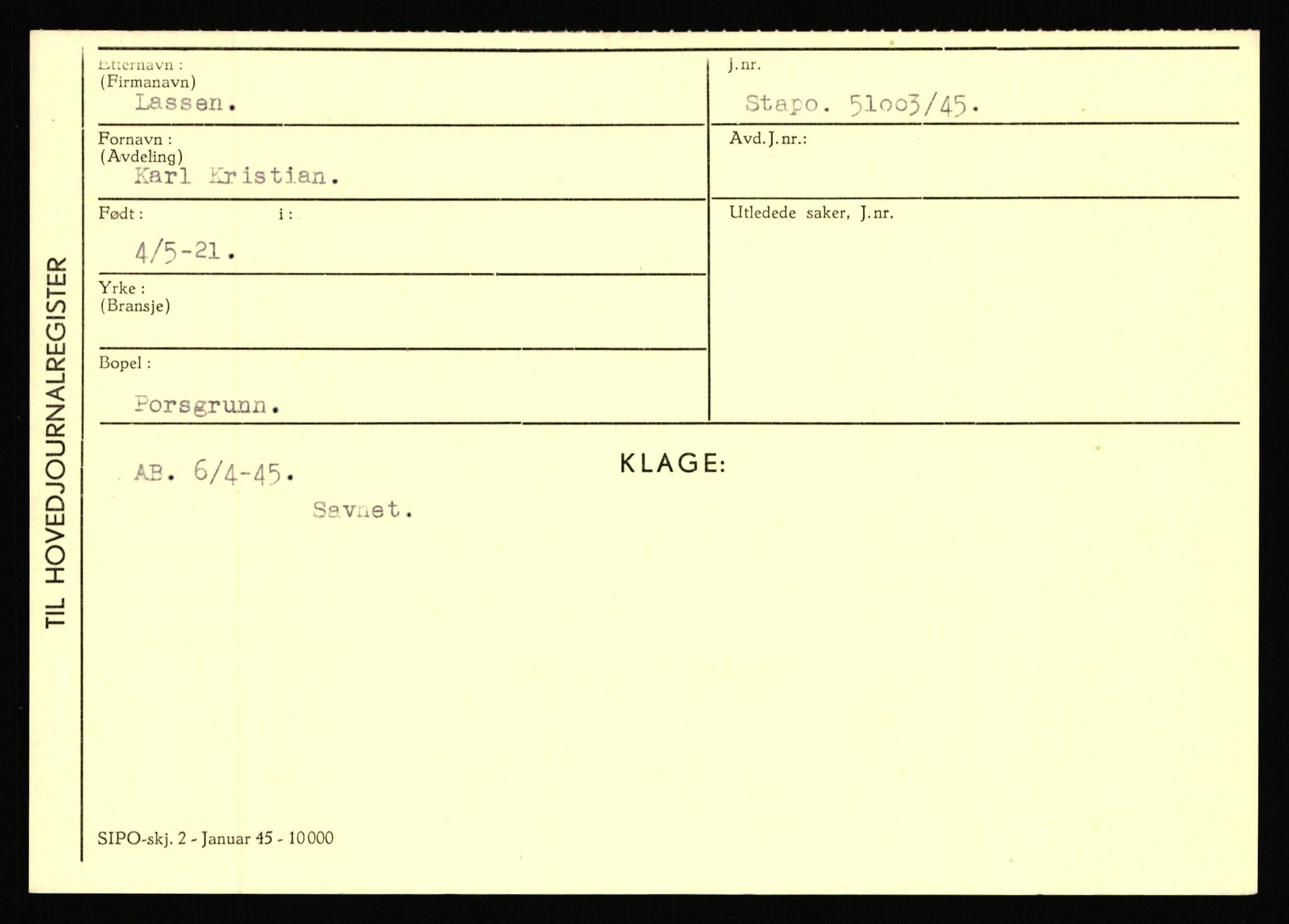 Statspolitiet - Hovedkontoret / Osloavdelingen, AV/RA-S-1329/C/Ca/L0009: Knutsen - Limstrand, 1943-1945, p. 3988