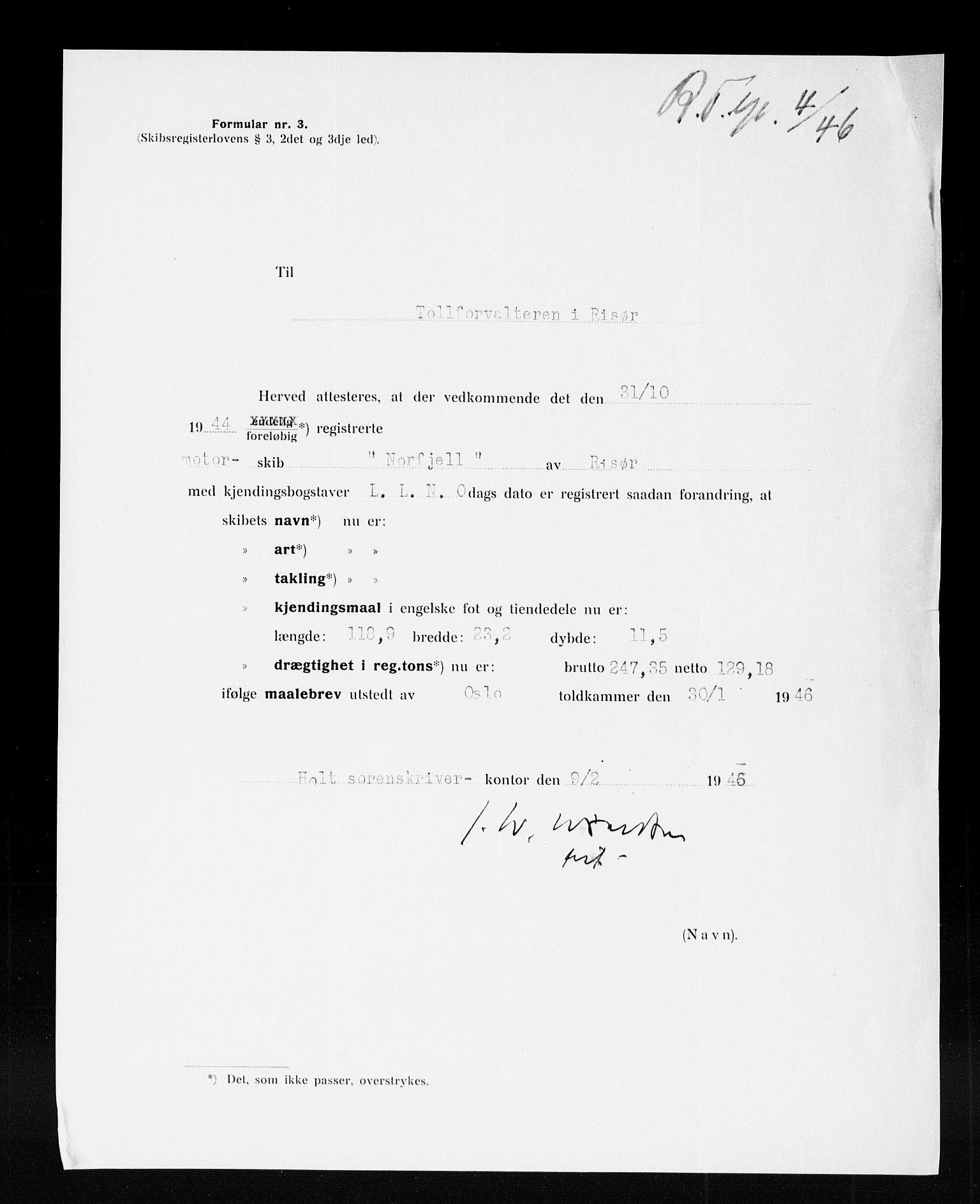 Risør tollsted, SAK/1351-0010/H/Ha/L0320: Skipsregisteret. Journalsaker, 1861-1957, p. 419