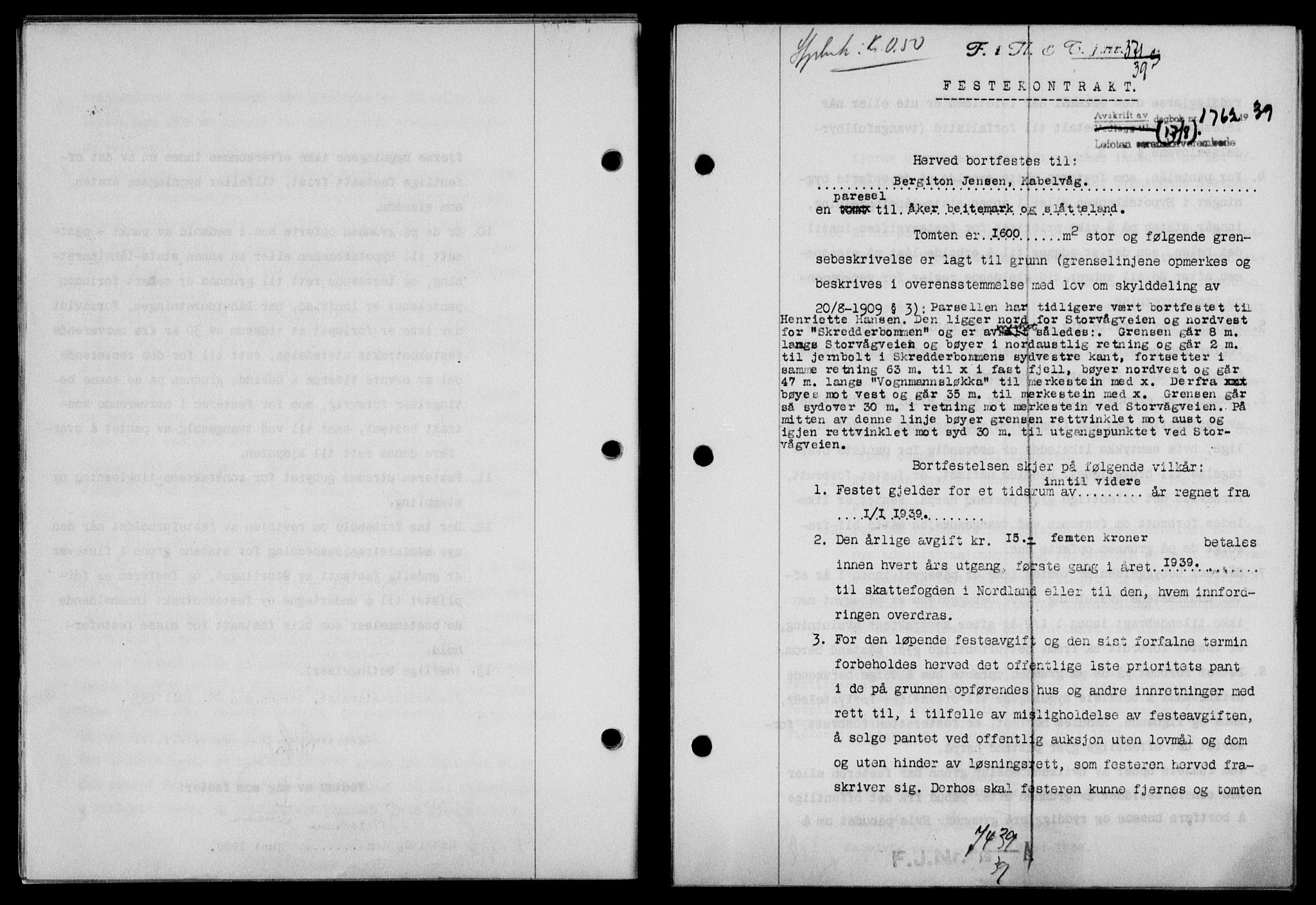 Lofoten sorenskriveri, SAT/A-0017/1/2/2C/L0006a: Mortgage book no. 6a, 1939-1939, Diary no: : 1762/1939