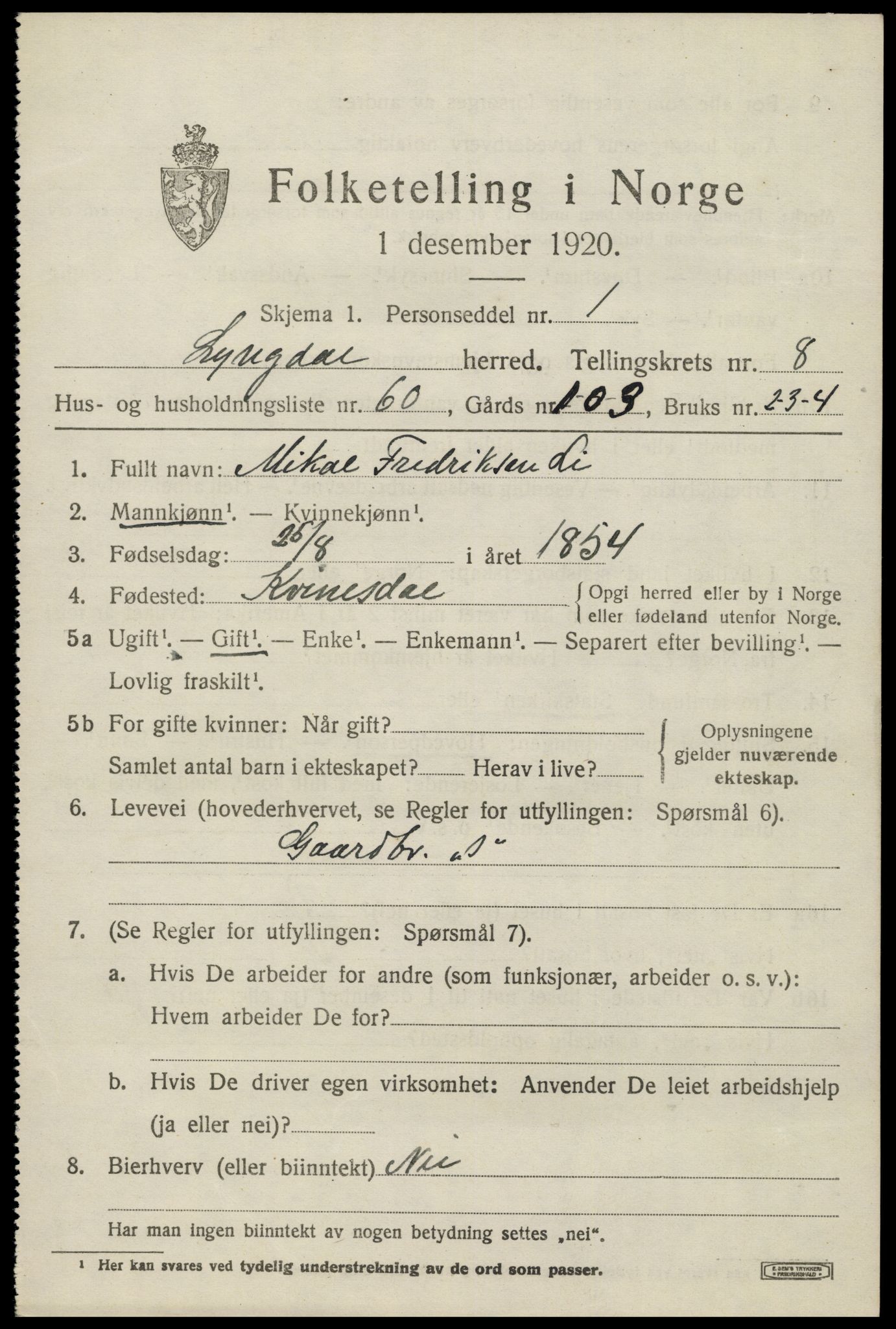 SAK, 1920 census for Lyngdal, 1920, p. 4619