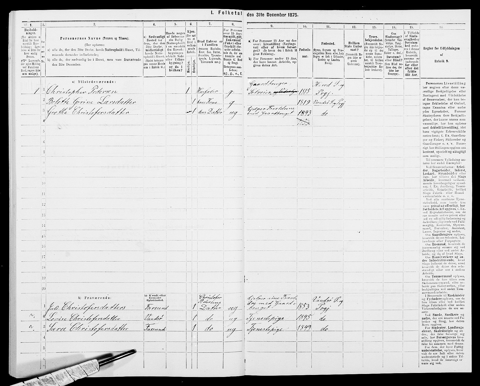 SAK, 1875 census for 1041L Vanse/Vanse og Farsund, 1875, p. 1982