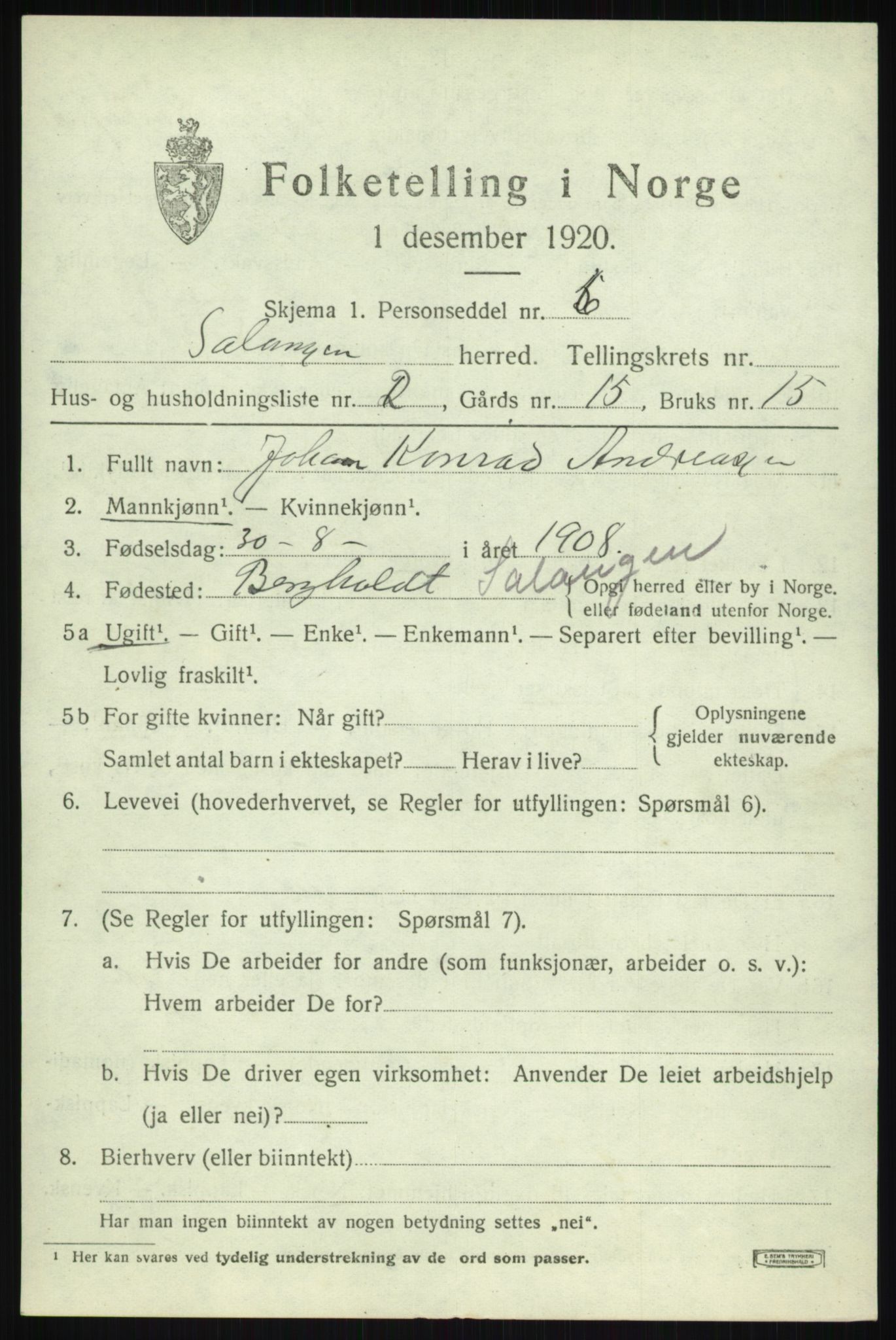 SATØ, 1920 census for Salangen, 1920, p. 2296