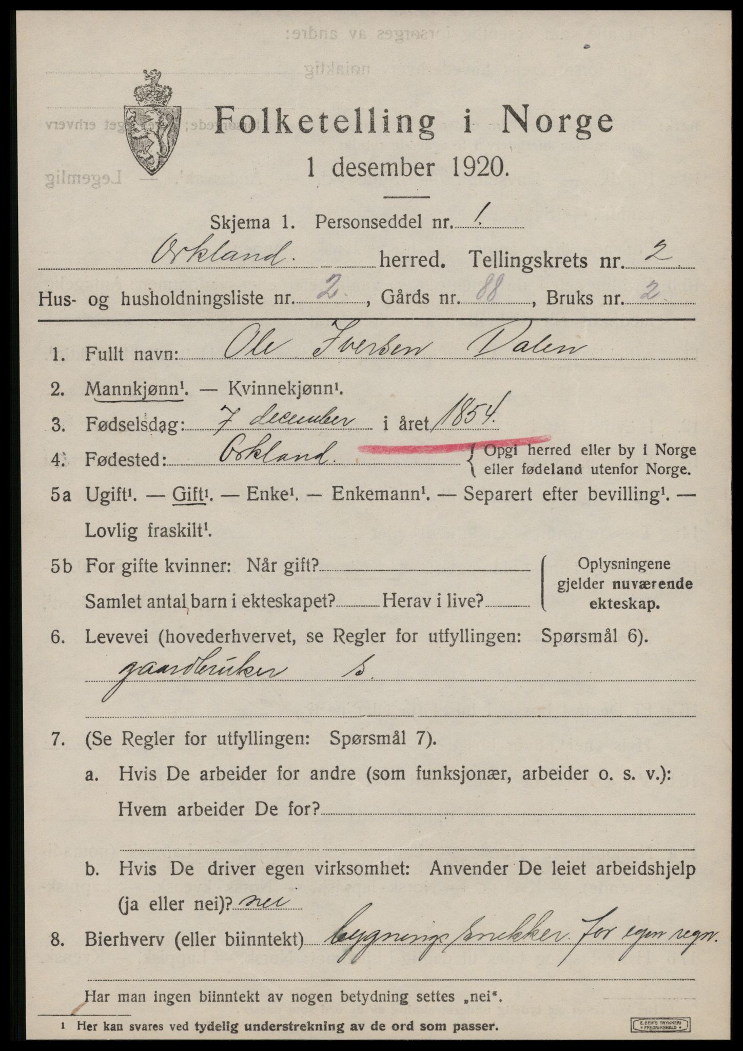 SAT, 1920 census for Orkland, 1920, p. 1686