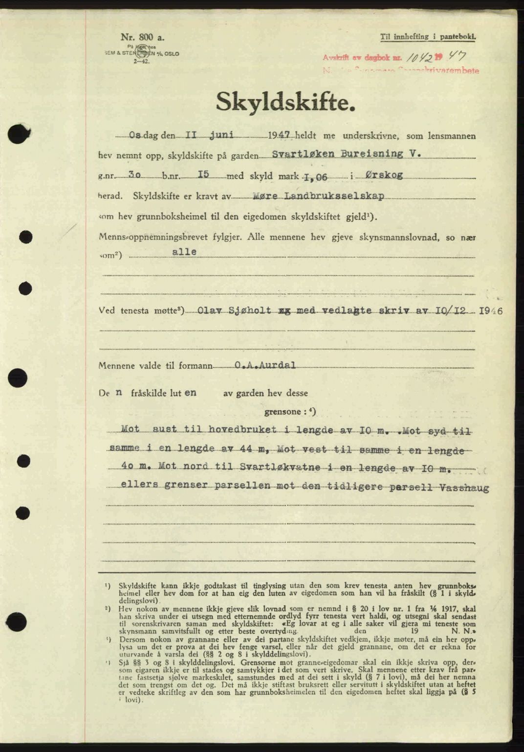 Nordre Sunnmøre sorenskriveri, AV/SAT-A-0006/1/2/2C/2Ca: Mortgage book no. A24, 1947-1947, Diary no: : 1042/1947