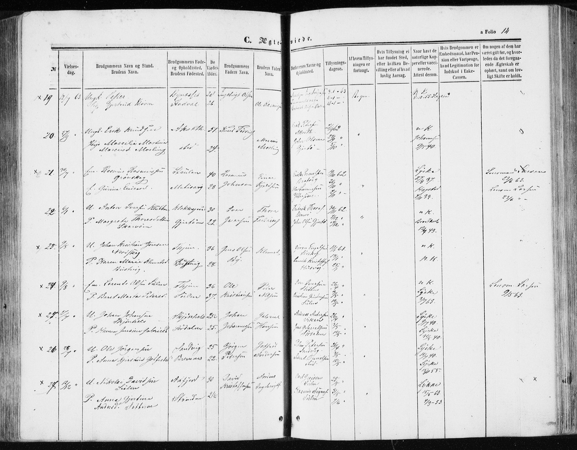 Ministerialprotokoller, klokkerbøker og fødselsregistre - Sør-Trøndelag, SAT/A-1456/634/L0531: Parish register (official) no. 634A07, 1861-1870, p. 14