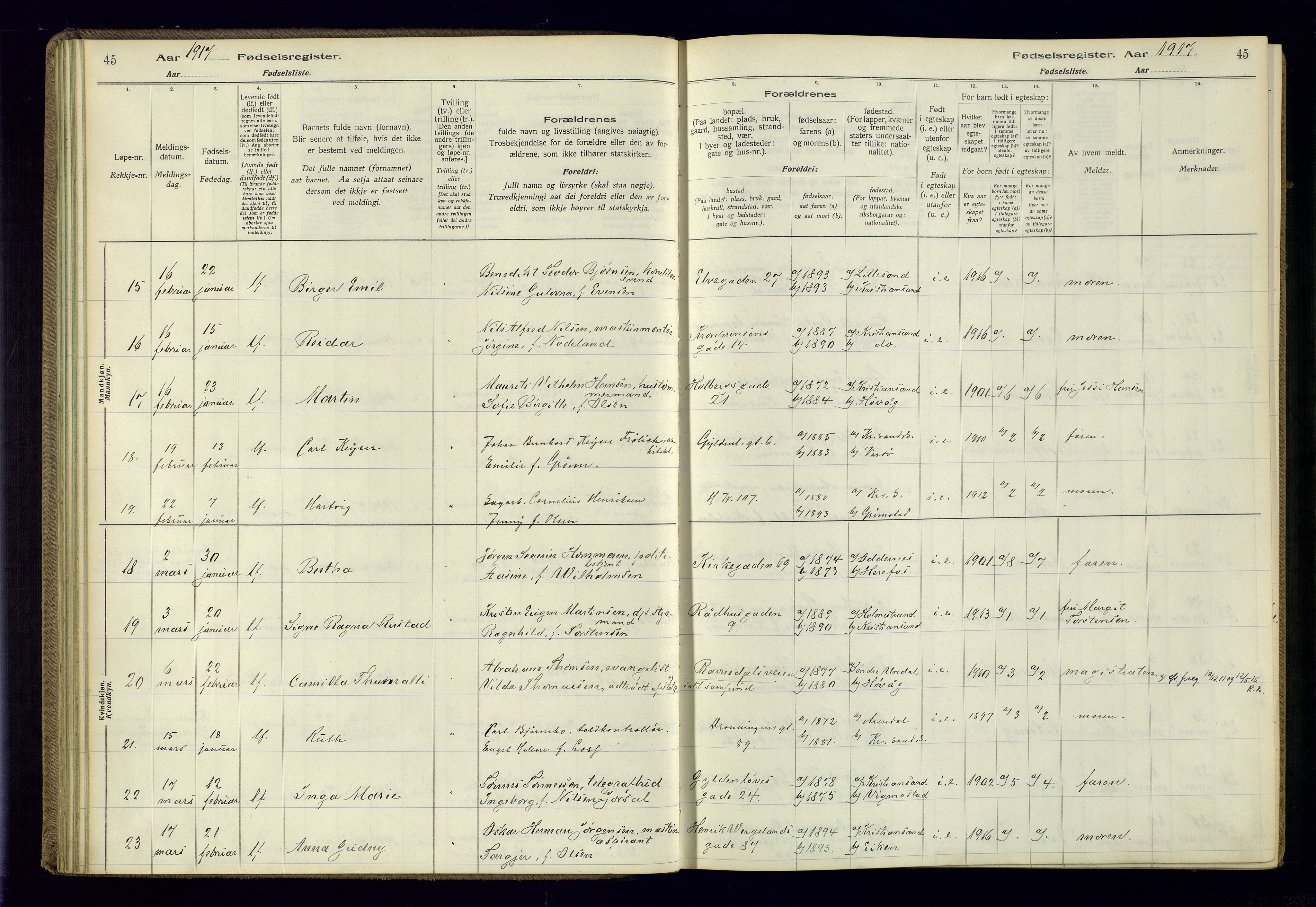 Kristiansand domprosti, AV/SAK-1112-0006/J/Jc/L0001: Birth register no. A-VI-45, 1916-1921, p. 45