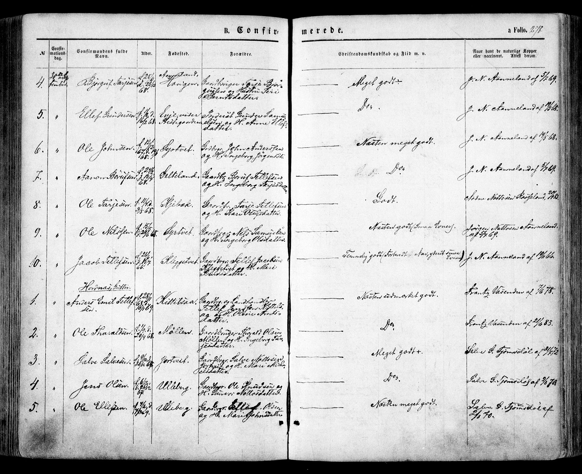 Evje sokneprestkontor, AV/SAK-1111-0008/F/Fa/Faa/L0006: Parish register (official) no. A 6, 1866-1884, p. 278