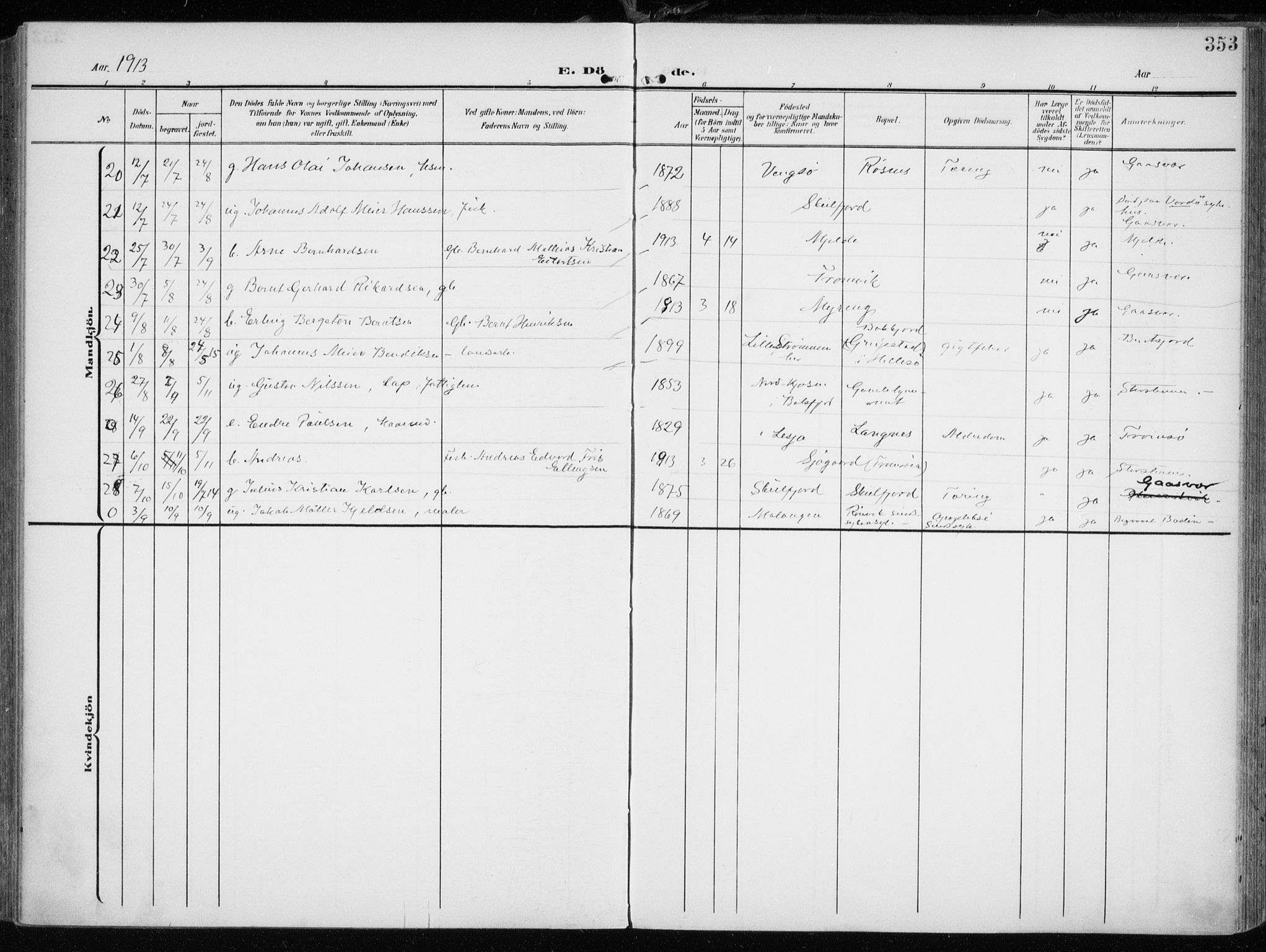 Tromsøysund sokneprestkontor, AV/SATØ-S-1304/G/Ga/L0007kirke: Parish register (official) no. 7, 1907-1914, p. 353