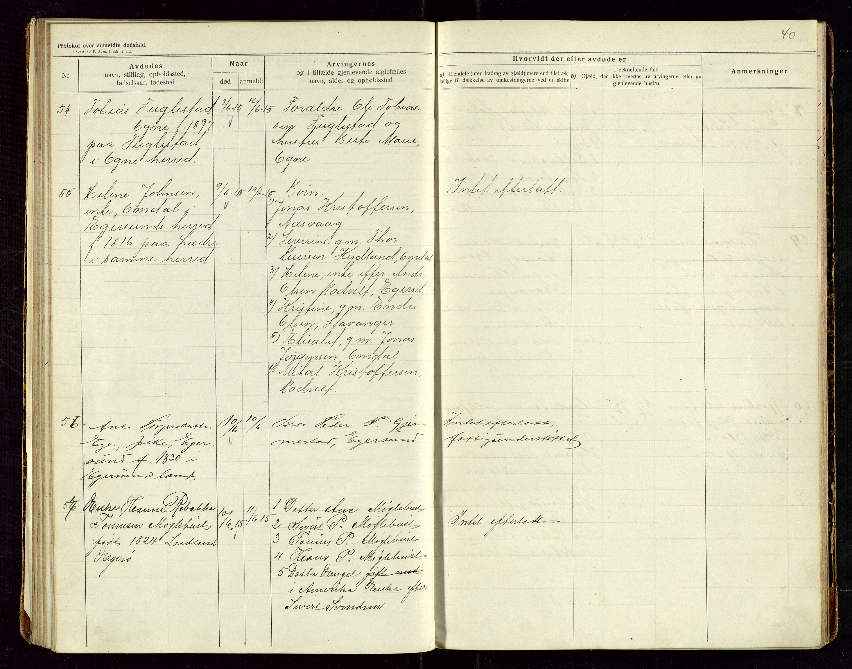 Eigersund lensmannskontor, AV/SAST-A-100171/Gga/L0006: "Protokol over anmeldte dødsfald" m/alfabetisk navneregister, 1914-1917, p. 40