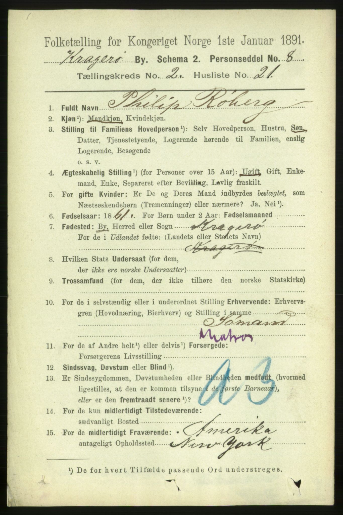 RA, 1891 census for 0801 Kragerø, 1891, p. 2659