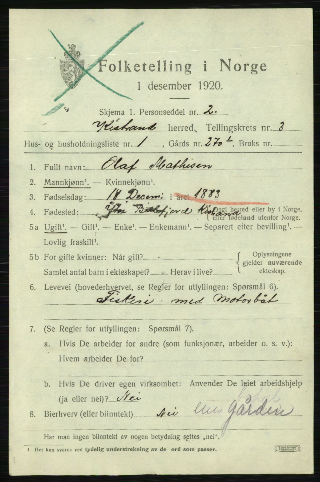 SATØ, 1920 census for Kistrand, 1920, p. 1848