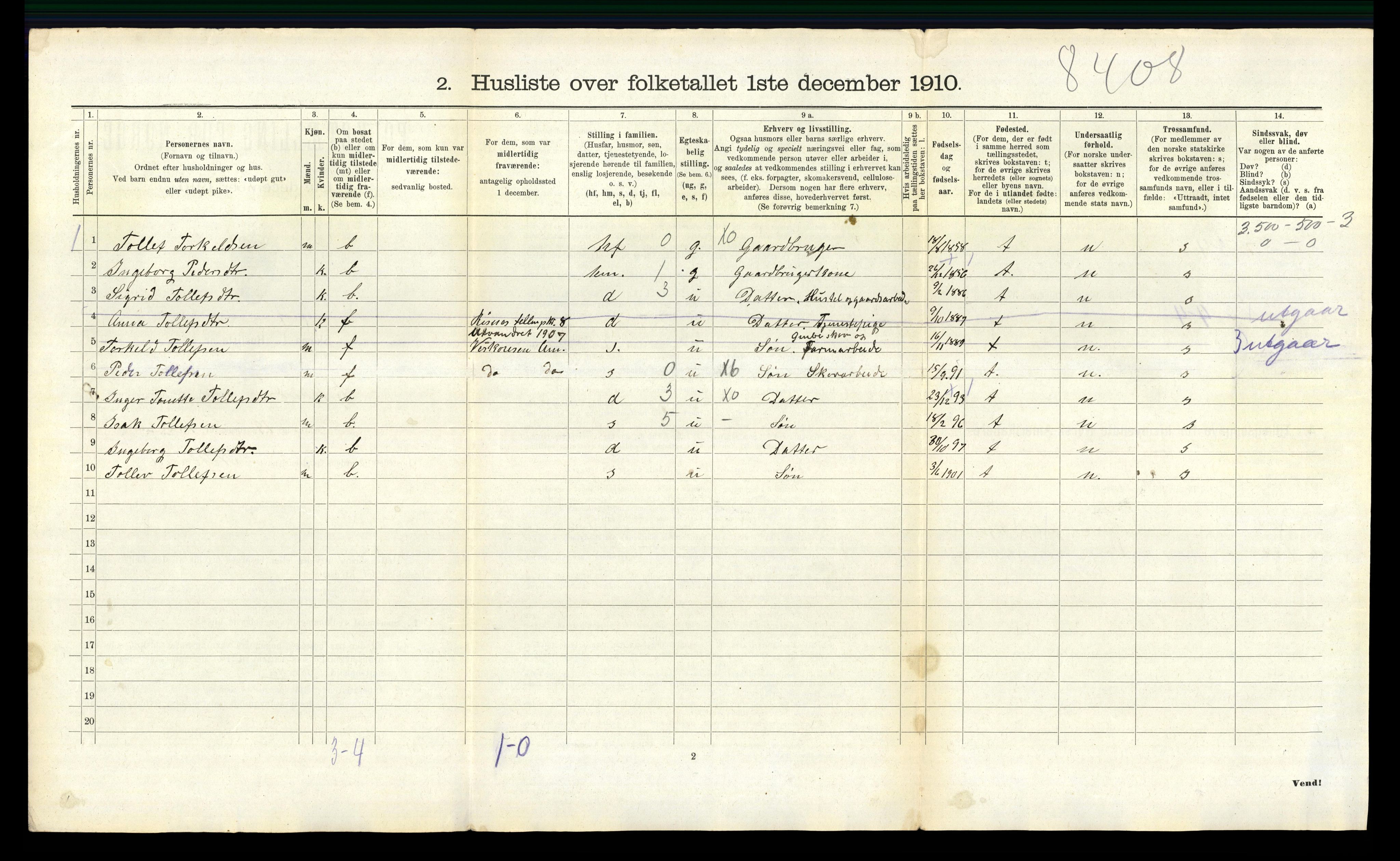 RA, 1910 census for Fjotland, 1910, p. 323