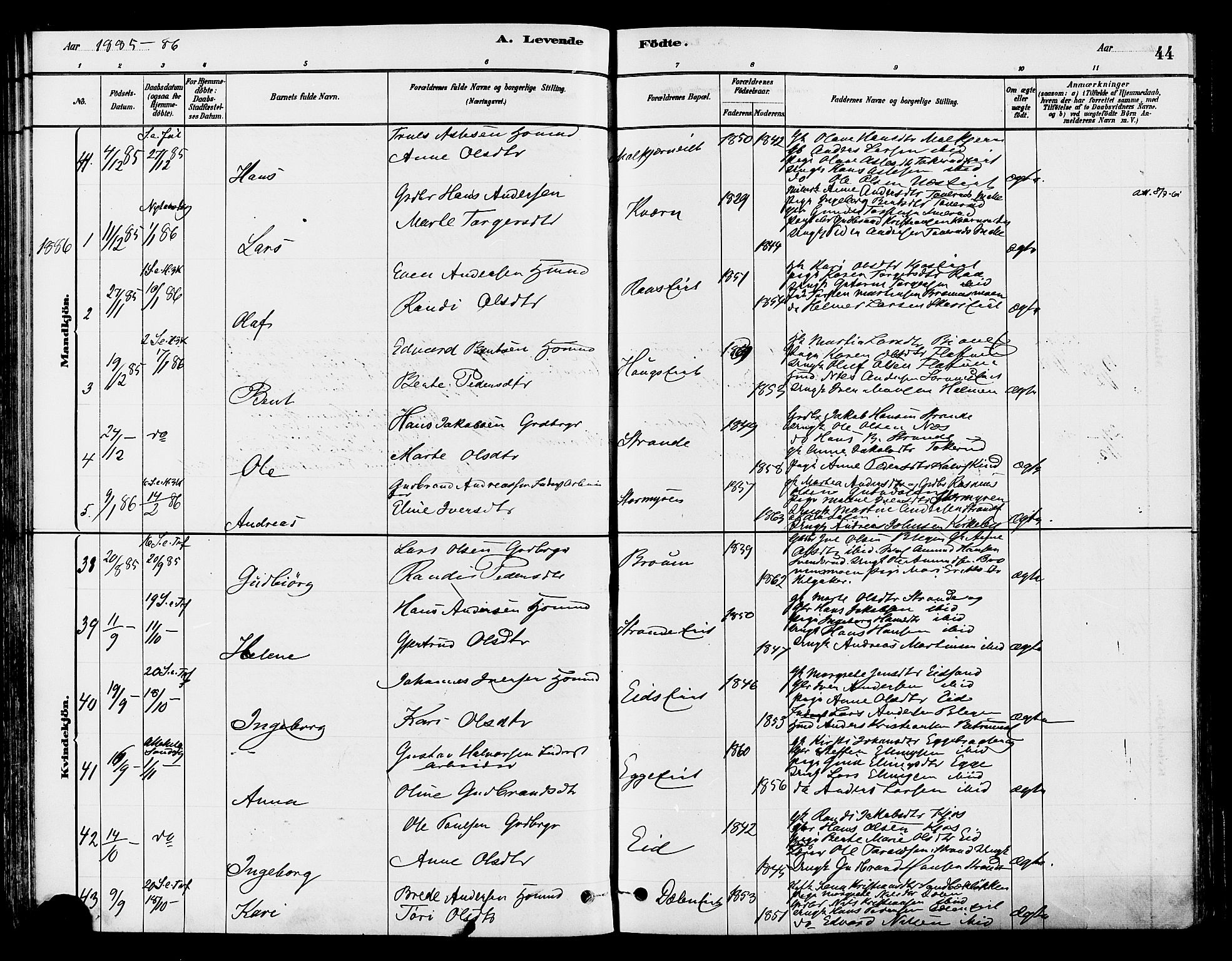 Gran prestekontor, SAH/PREST-112/H/Ha/Haa/L0015: Parish register (official) no. 15, 1880-1888, p. 44