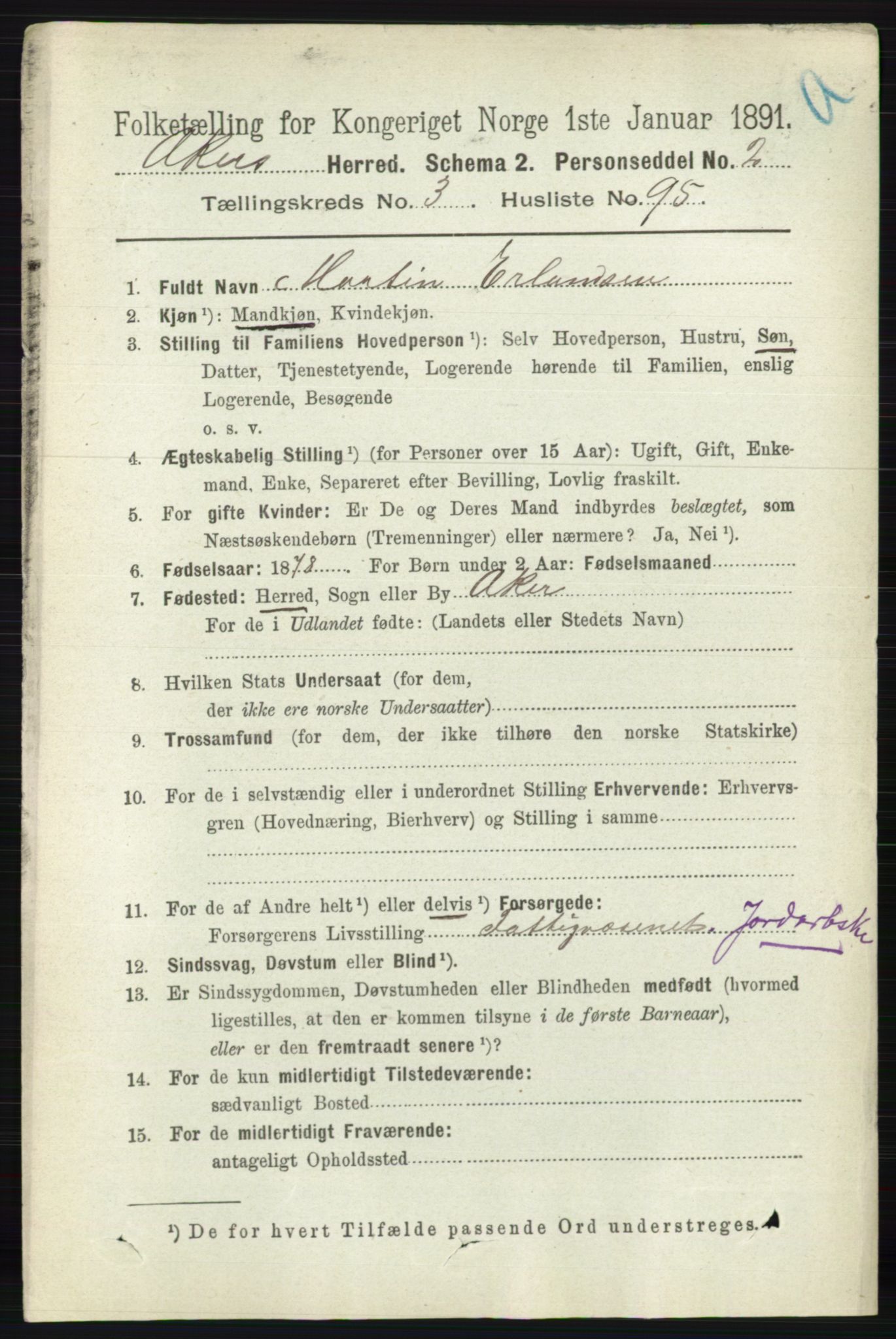 RA, 1891 census for 0218 Aker, 1891, p. 3853