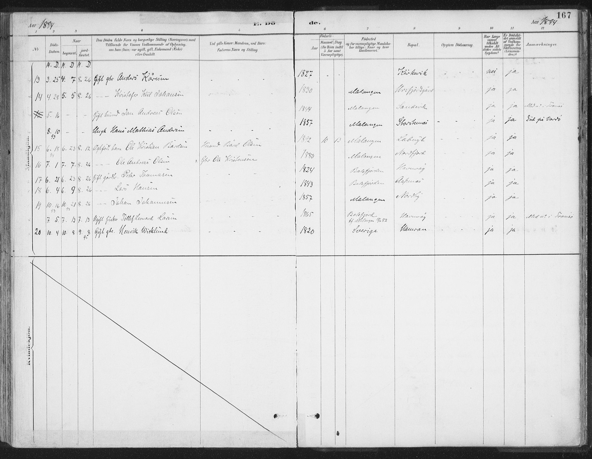Balsfjord sokneprestembete, SATØ/S-1303/G/Ga/L0007kirke: Parish register (official) no. 7, 1887-1909, p. 167