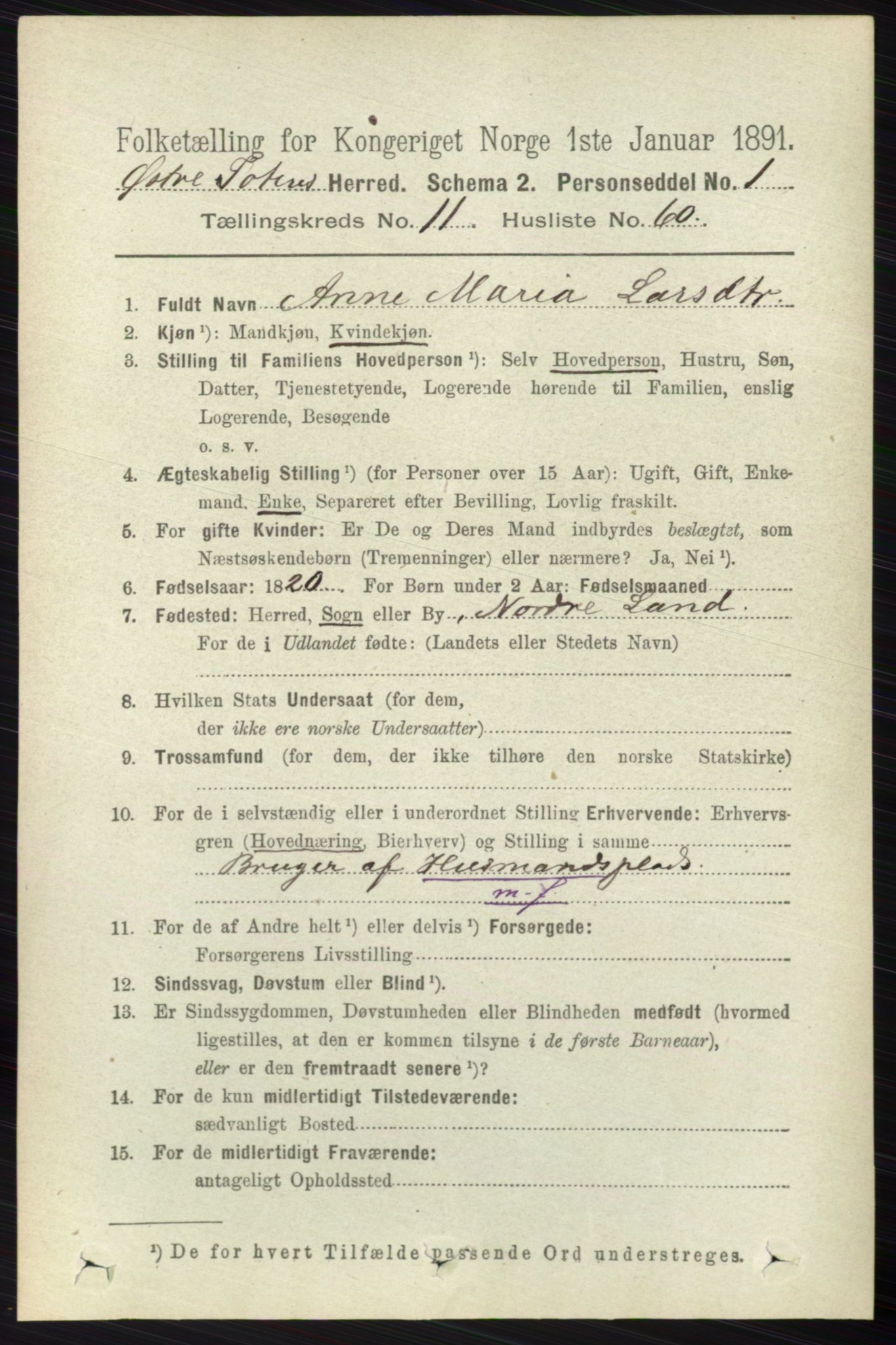 RA, 1891 census for 0528 Østre Toten, 1891, p. 7311