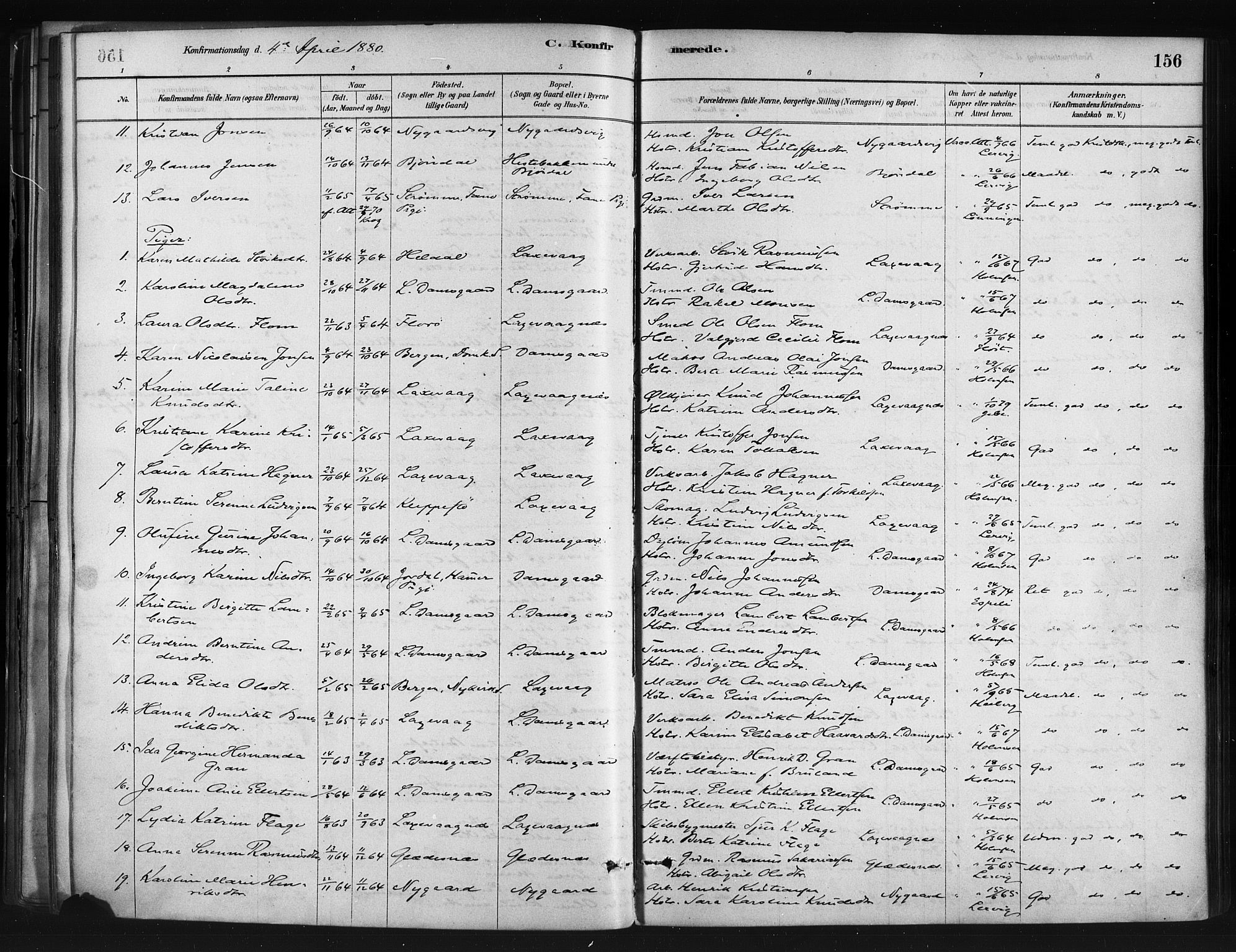 Askøy Sokneprestembete, AV/SAB-A-74101/H/Ha/Haa/Haae/L0002: Parish register (official) no. E 2, 1878-1891, p. 156