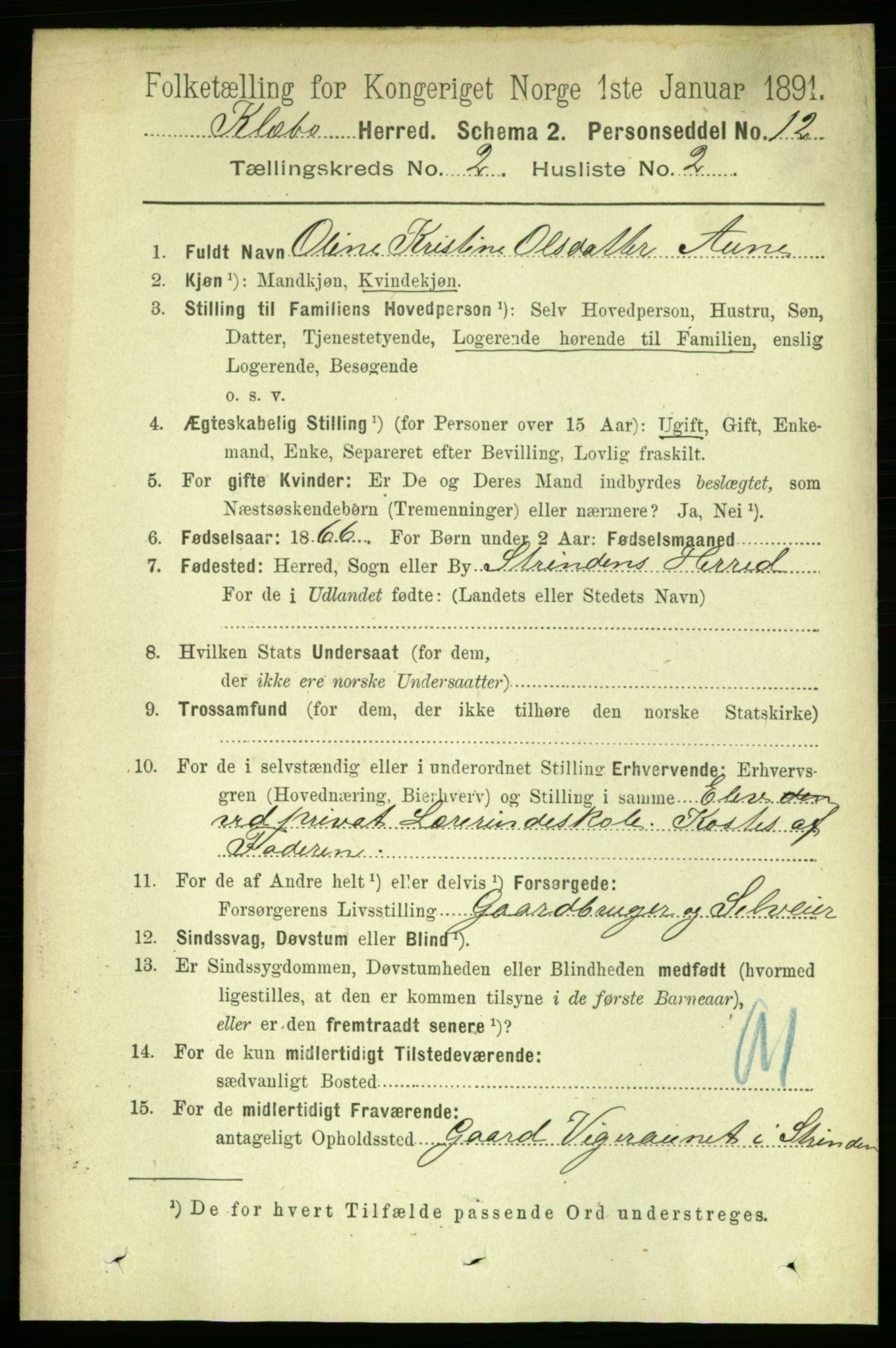 RA, 1891 census for 1662 Klæbu, 1891, p. 232