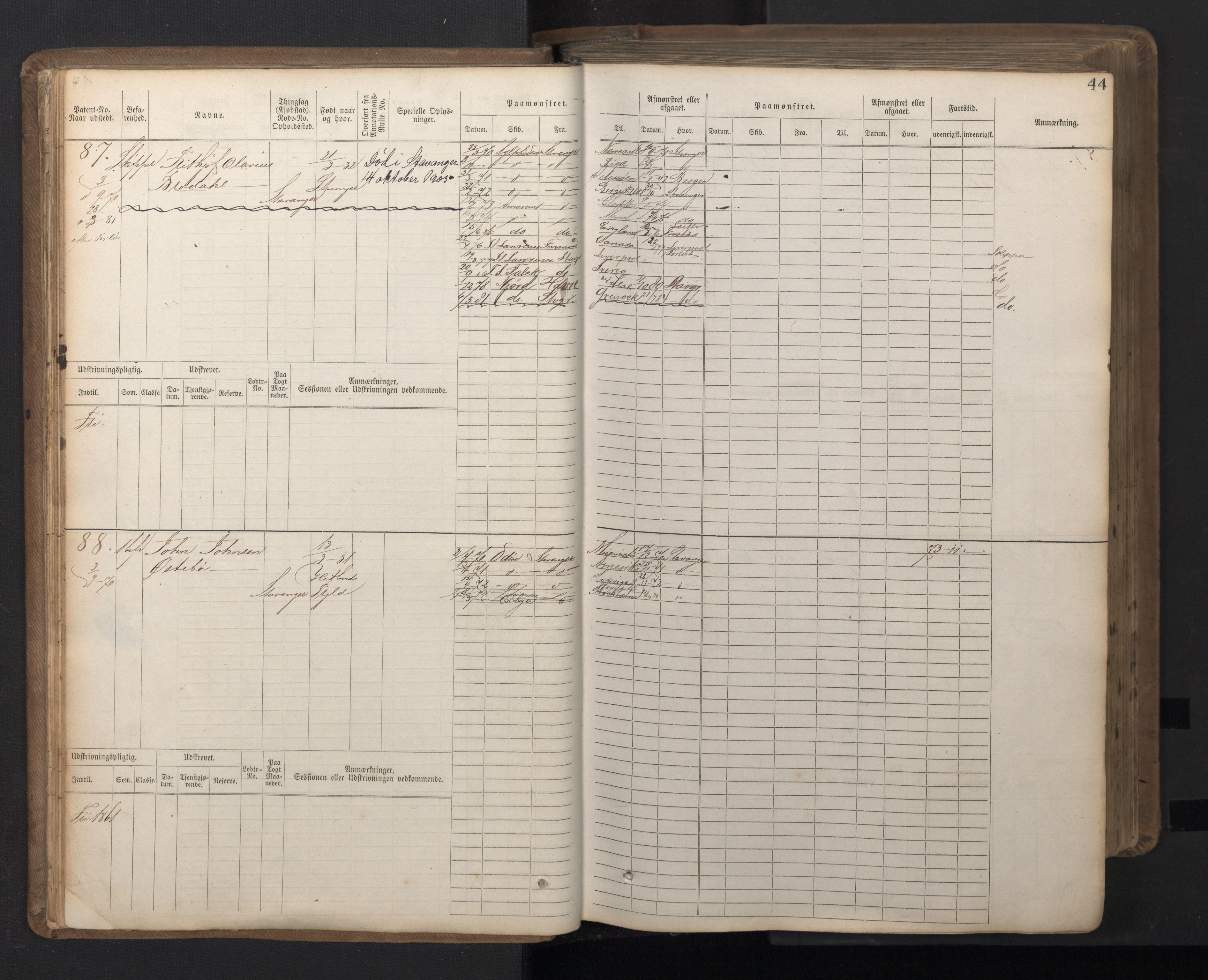 Stavanger sjømannskontor, AV/SAST-A-102006/F/Fb/Fbb/L0016: Sjøfartshovedrulle patnentnr. 1-1202 (dublett), 1869, p. 44