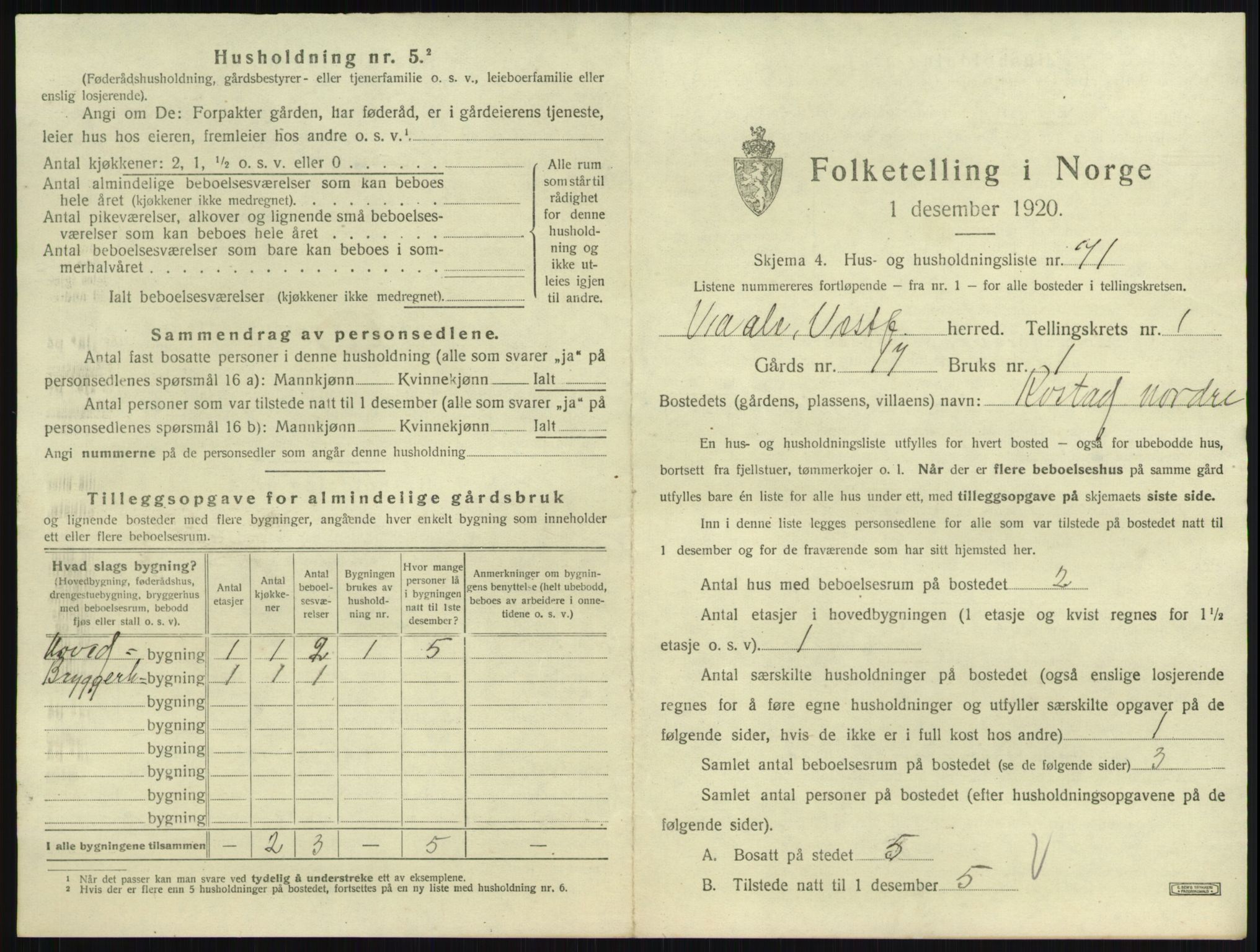 SAKO, 1920 census for Våle, 1920, p. 187