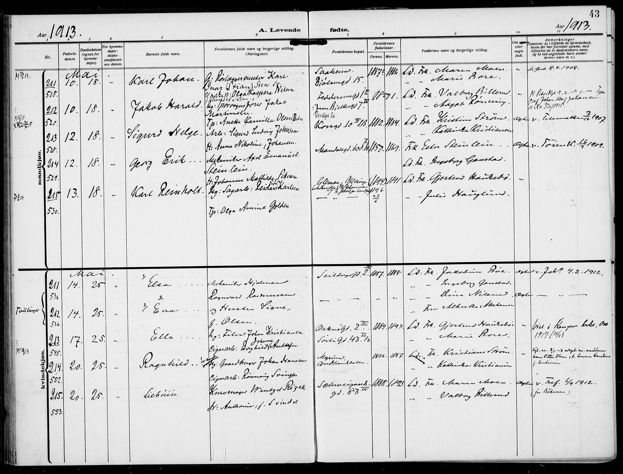 Rikshospitalet prestekontor Kirkebøker, SAO/A-10309b/F/L0015: Parish register (official) no. 15, 1913-1915, p. 43