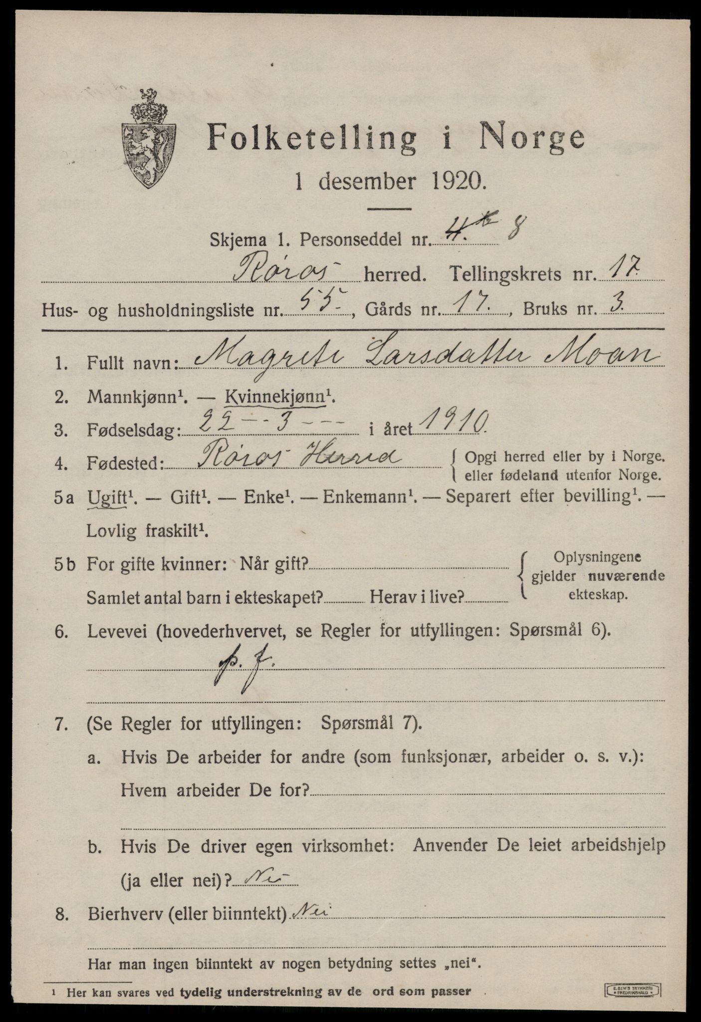 SAT, 1920 census for Røros, 1920, p. 12240