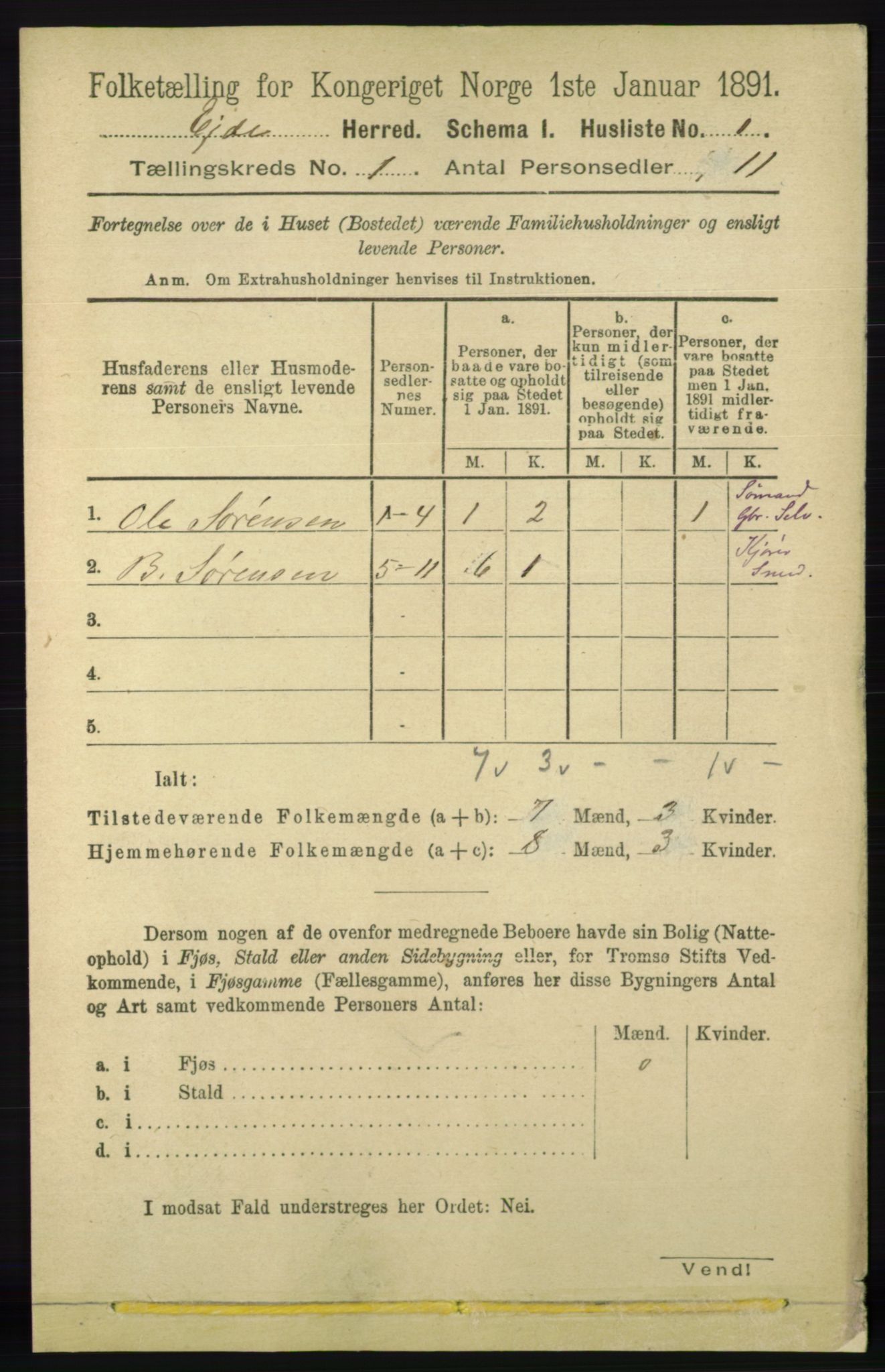 RA, 1891 census for 0925 Eide, 1891, p. 13