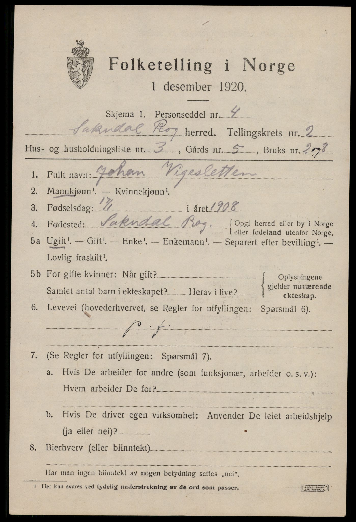 SAST, 1920 census for Sokndal, 1920, p. 1721