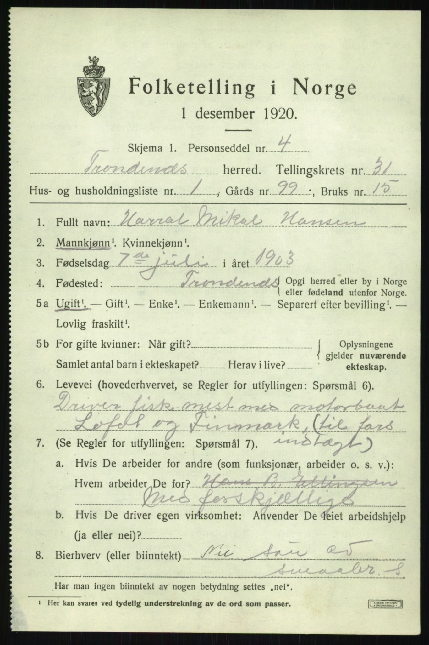 SATØ, 1920 census for Trondenes, 1920, p. 21921