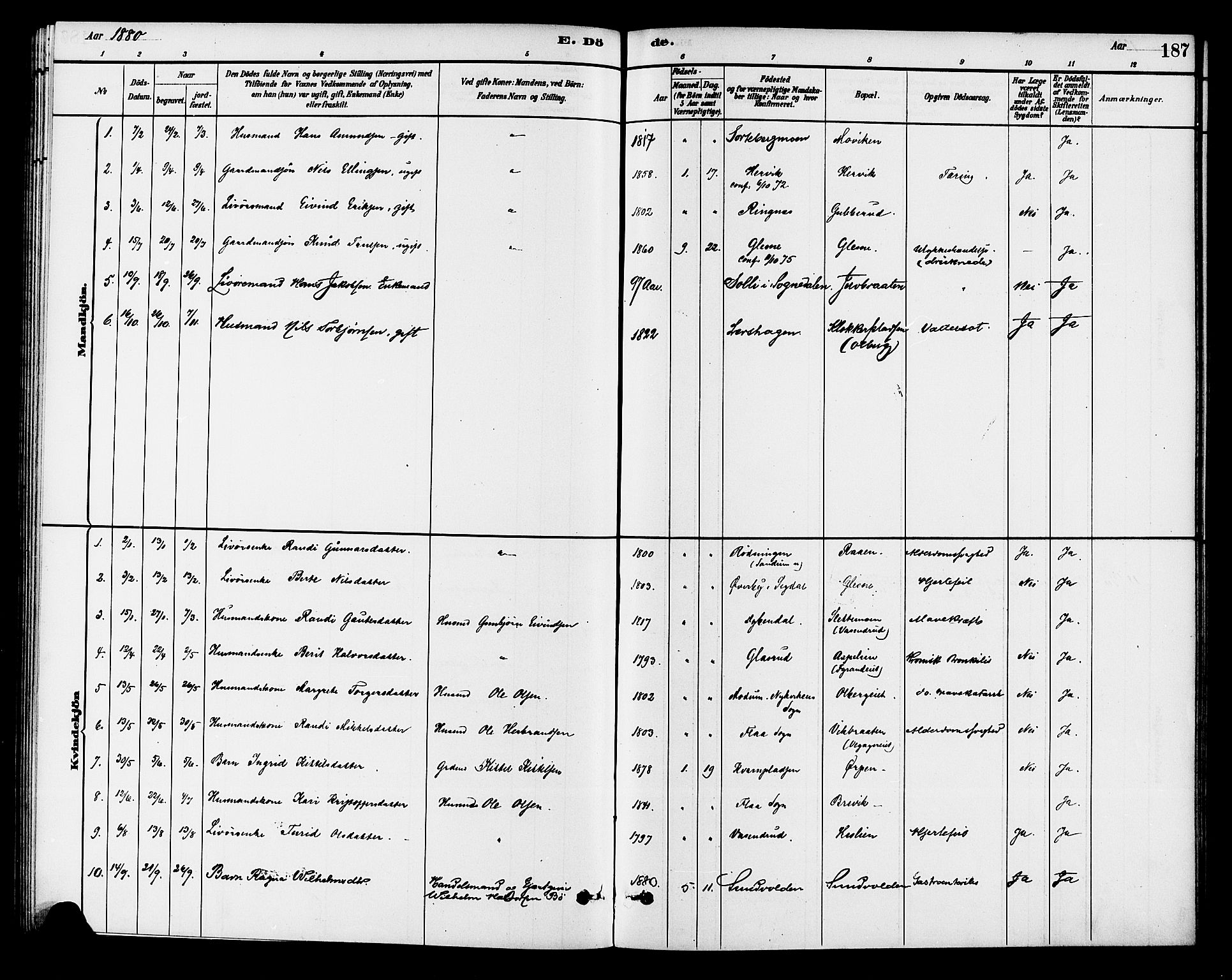 Krødsherad kirkebøker, AV/SAKO-A-19/G/Ga/L0001: Parish register (copy) no. 1, 1879-1893, p. 187