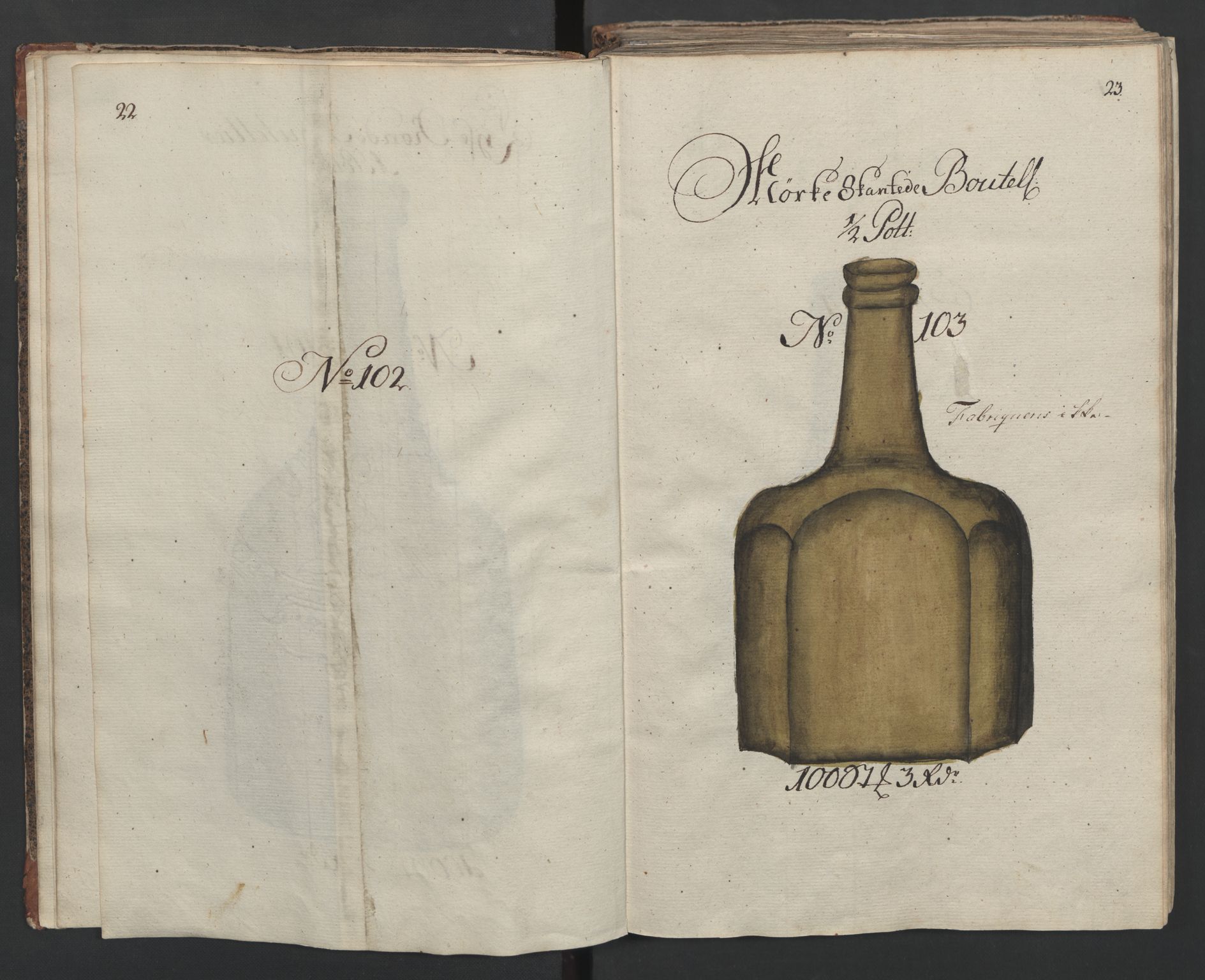 Glassverk, samlinger, AV/RA-PA-0001/F/Fa/L0036: Modellbok for Nøstetangens og Aas' produkter med prisangivelse,, 1763, p. 22-23