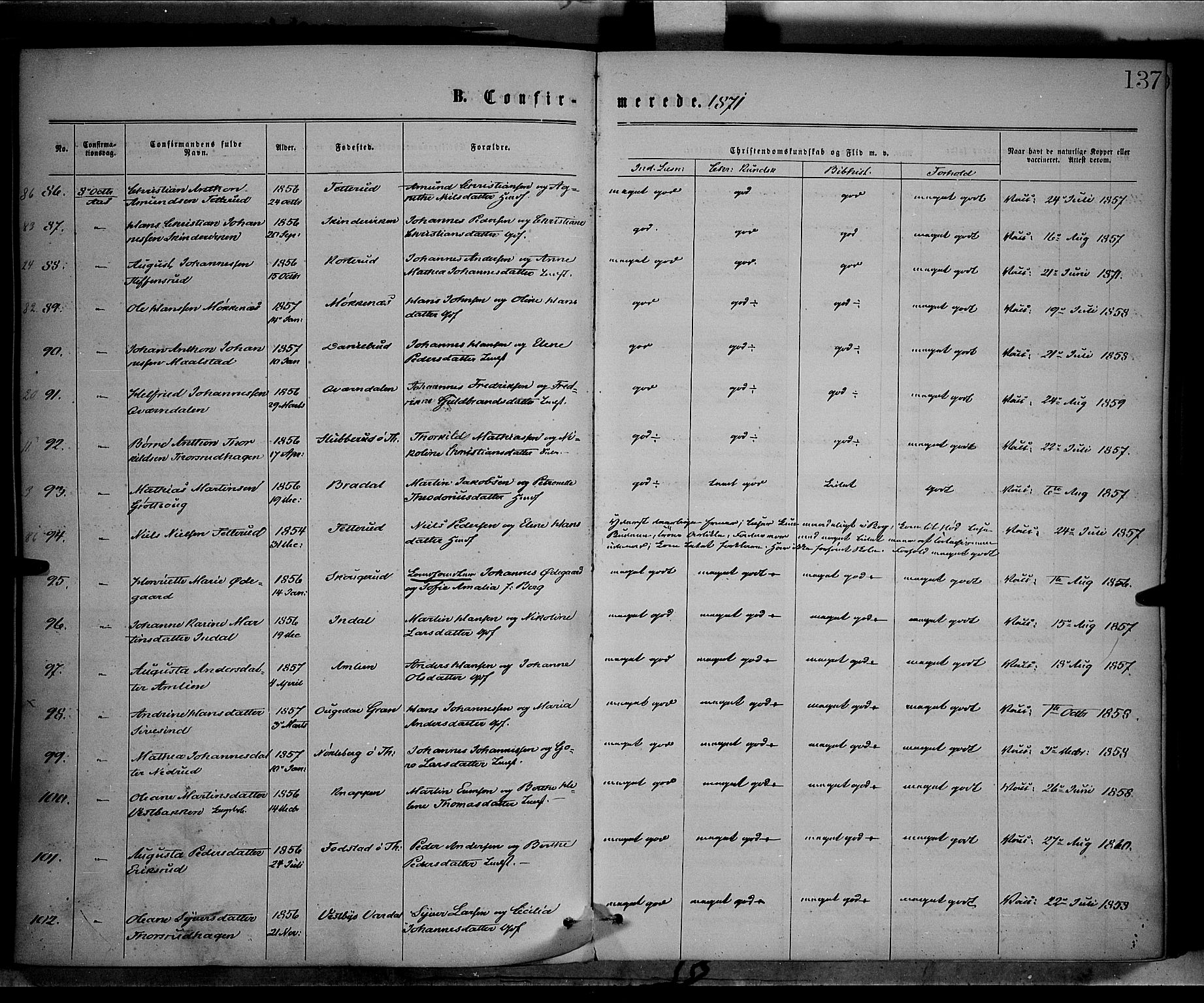 Vestre Toten prestekontor, AV/SAH-PREST-108/H/Ha/Haa/L0008: Parish register (official) no. 8, 1870-1877, p. 137