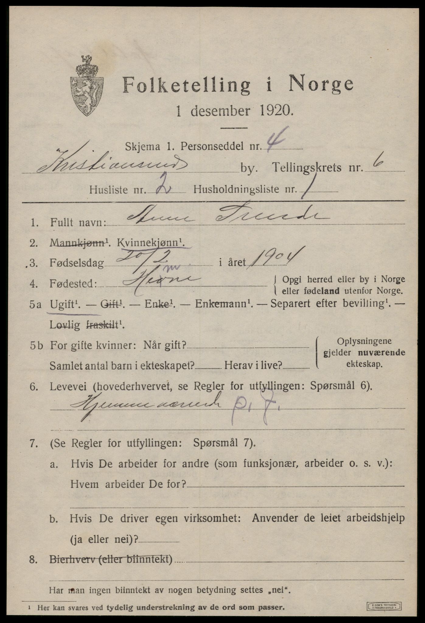 SAT, 1920 census for Kristiansund, 1920, p. 17043