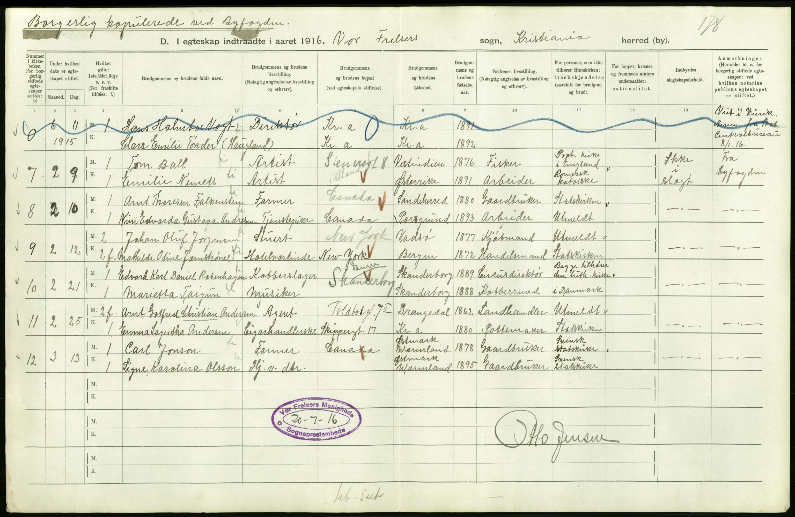 Statistisk sentralbyrå, Sosiodemografiske emner, Befolkning, AV/RA-S-2228/D/Df/Dfb/Dfbf/L0008: Kristiania: Gifte, 1916, p. 536