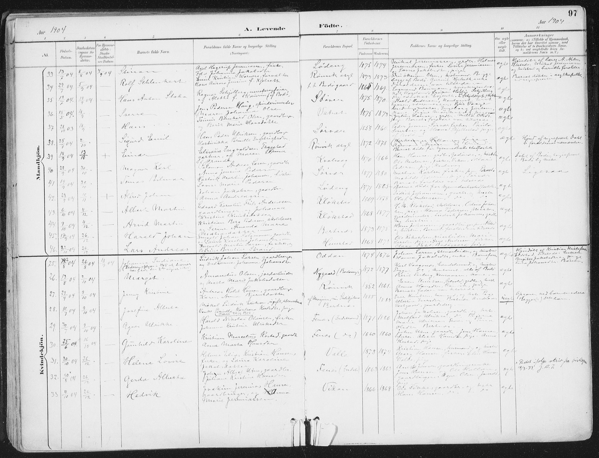 Ministerialprotokoller, klokkerbøker og fødselsregistre - Nordland, SAT/A-1459/802/L0055: Parish register (official) no. 802A02, 1894-1915, p. 97