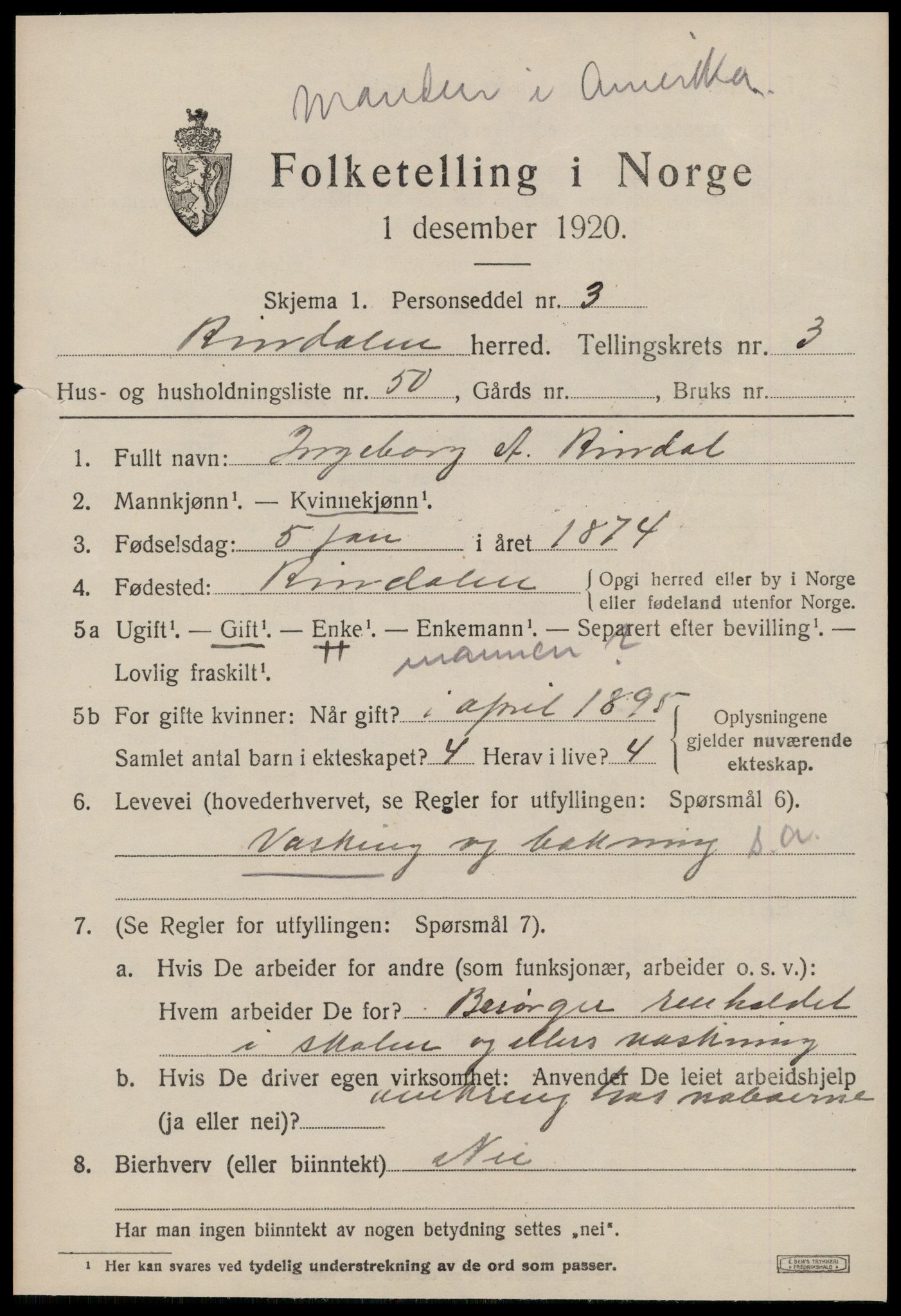 SAT, 1920 census for Rindal, 1920, p. 2308