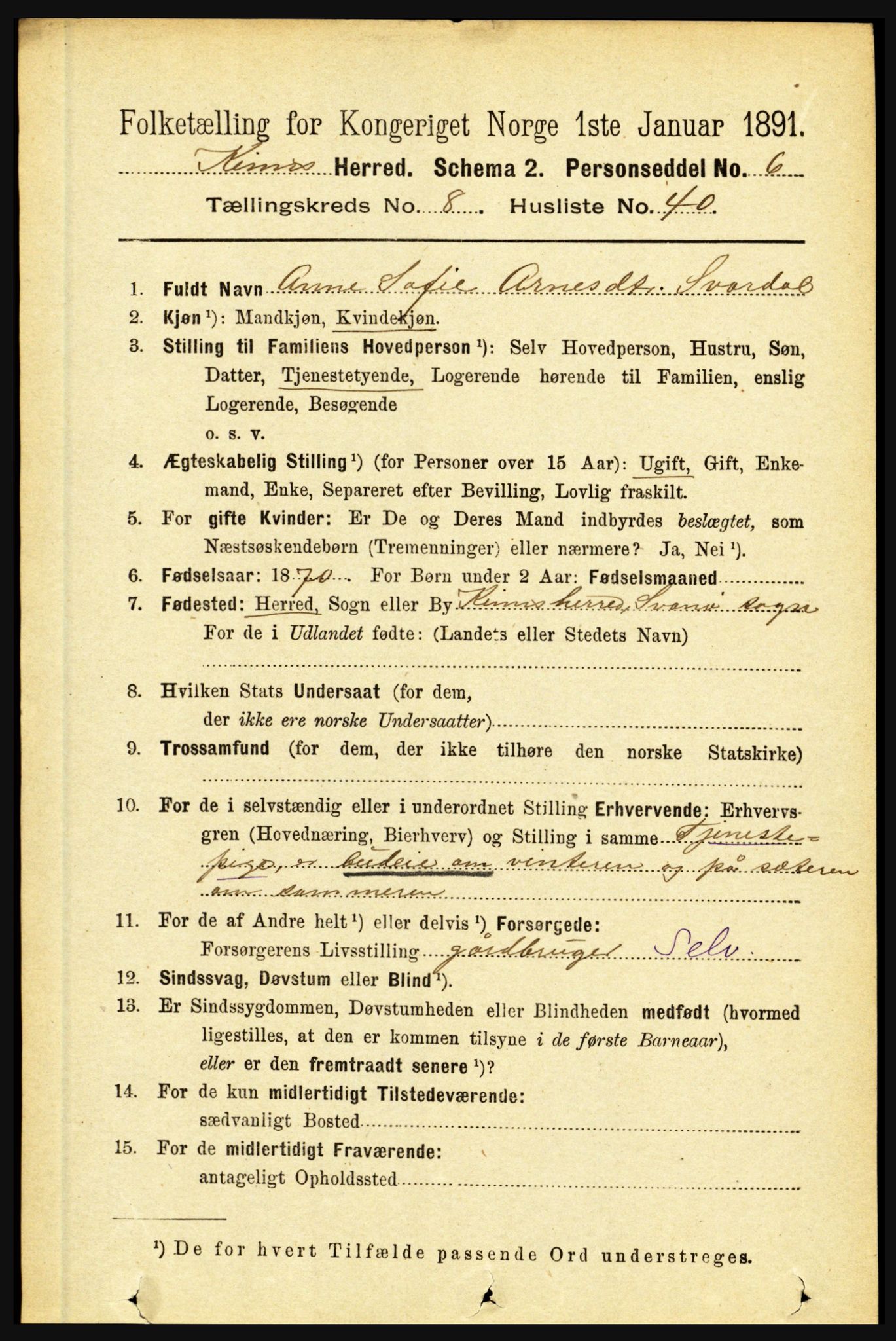 RA, 1891 census for 1437 Kinn, 1891, p. 3364