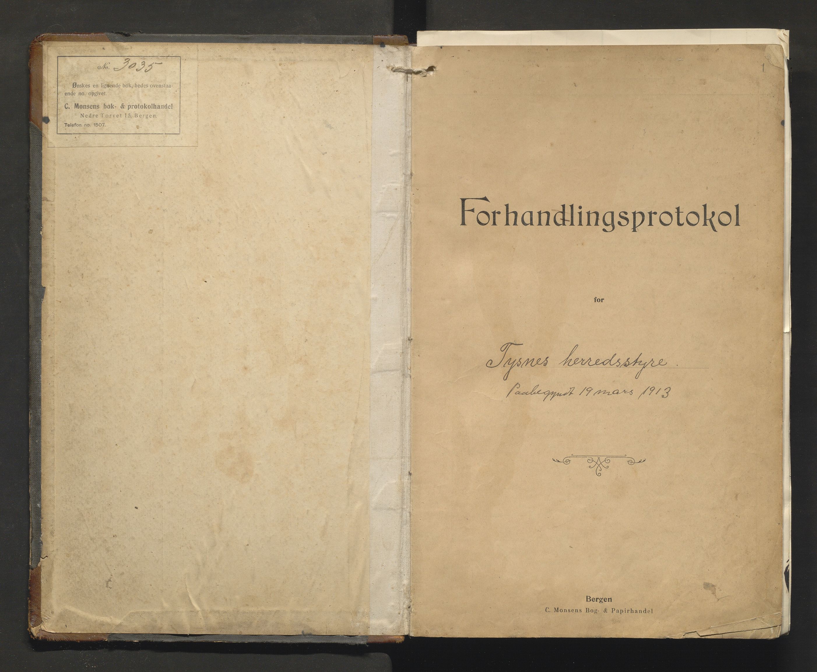 Tysnes kommune. Formannskapet, IKAH/1223-021/A/Aa/L0005: Møtebok for formannskap og heradstyre , 1913-1921, p. 1