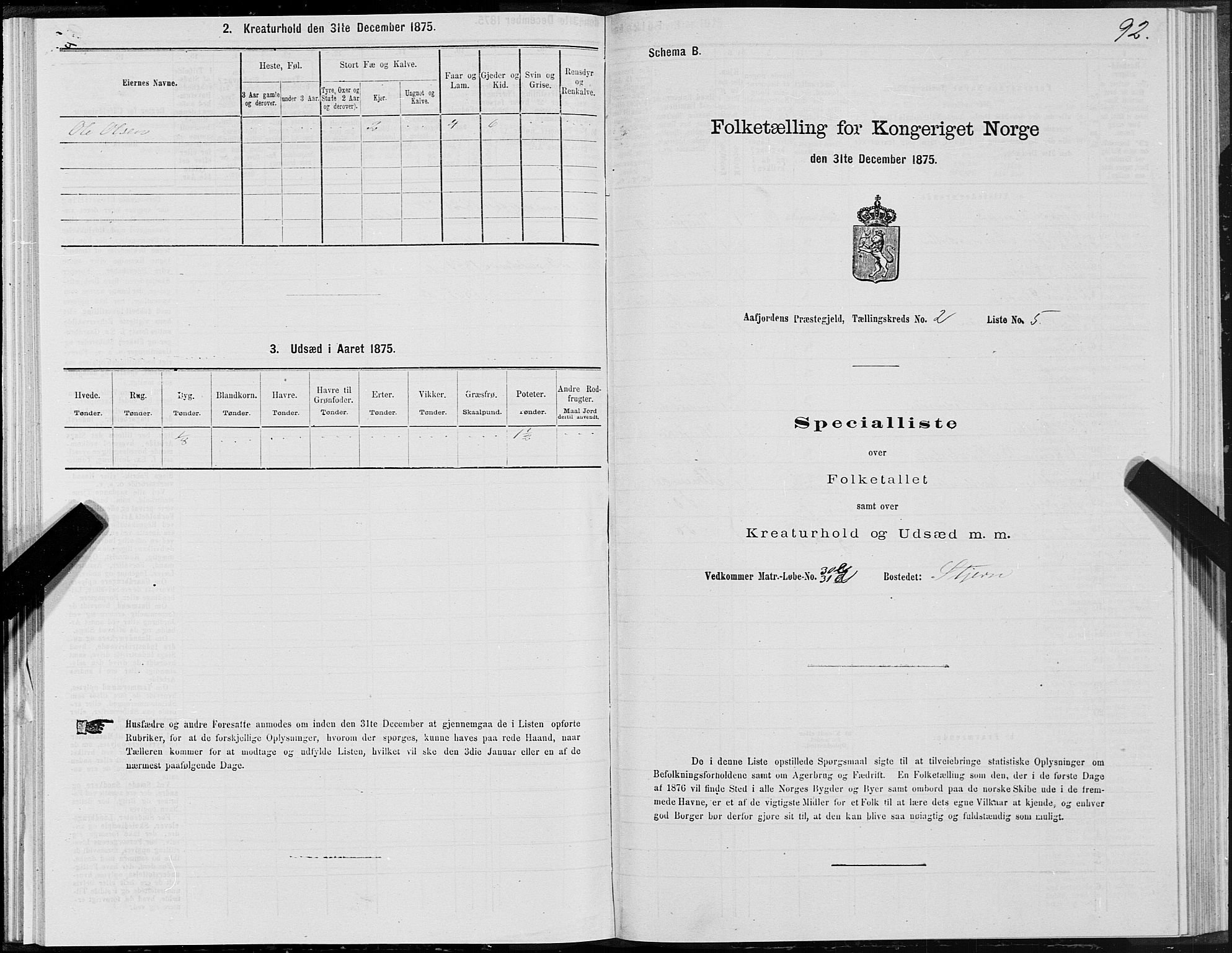 SAT, 1875 census for 1630P Aafjorden, 1875, p. 1092