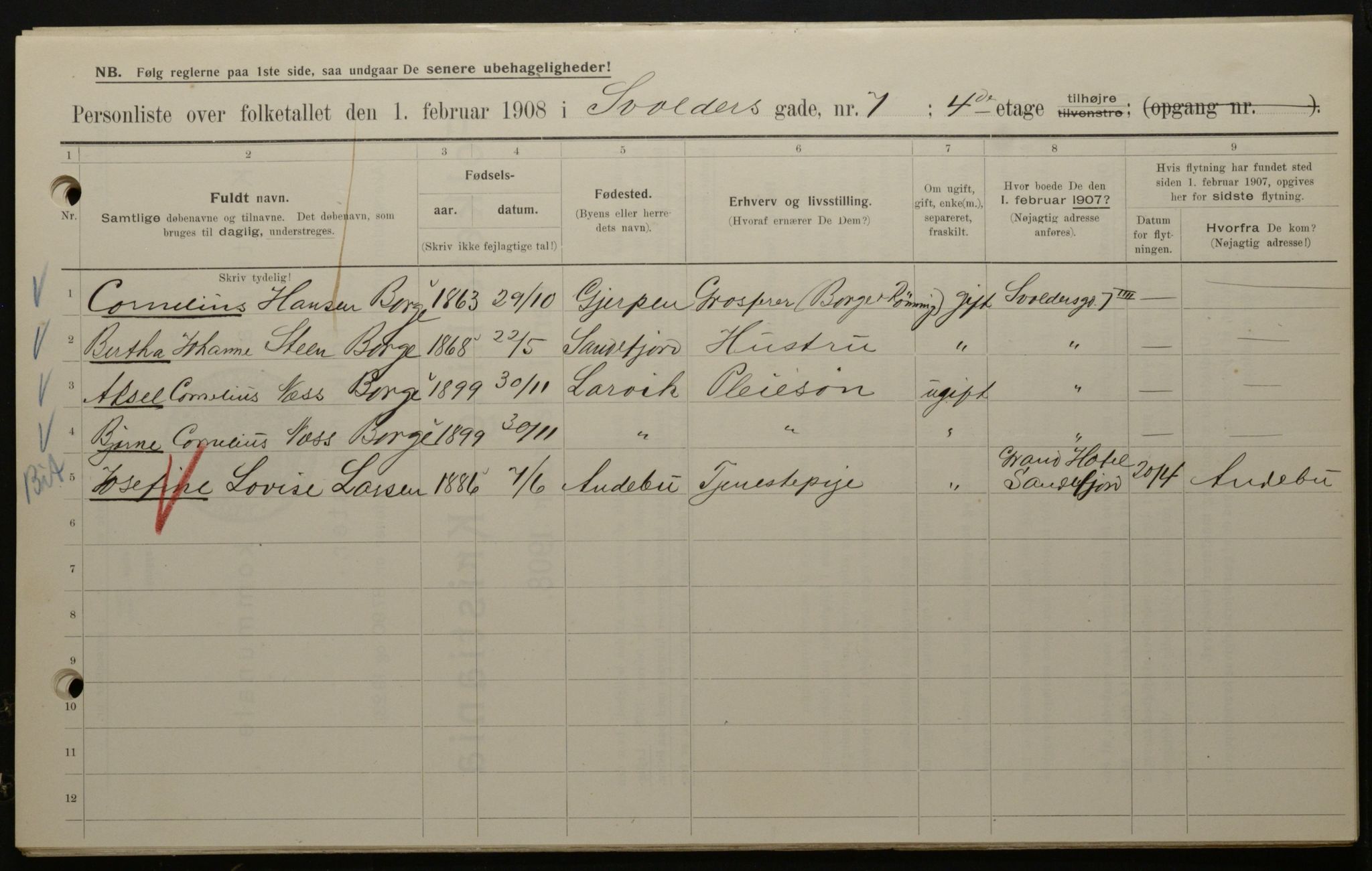 OBA, Municipal Census 1908 for Kristiania, 1908, p. 95508