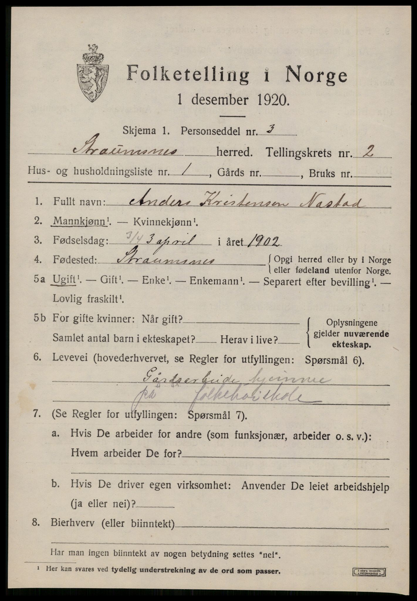 SAT, 1920 census for Straumsnes, 1920, p. 859