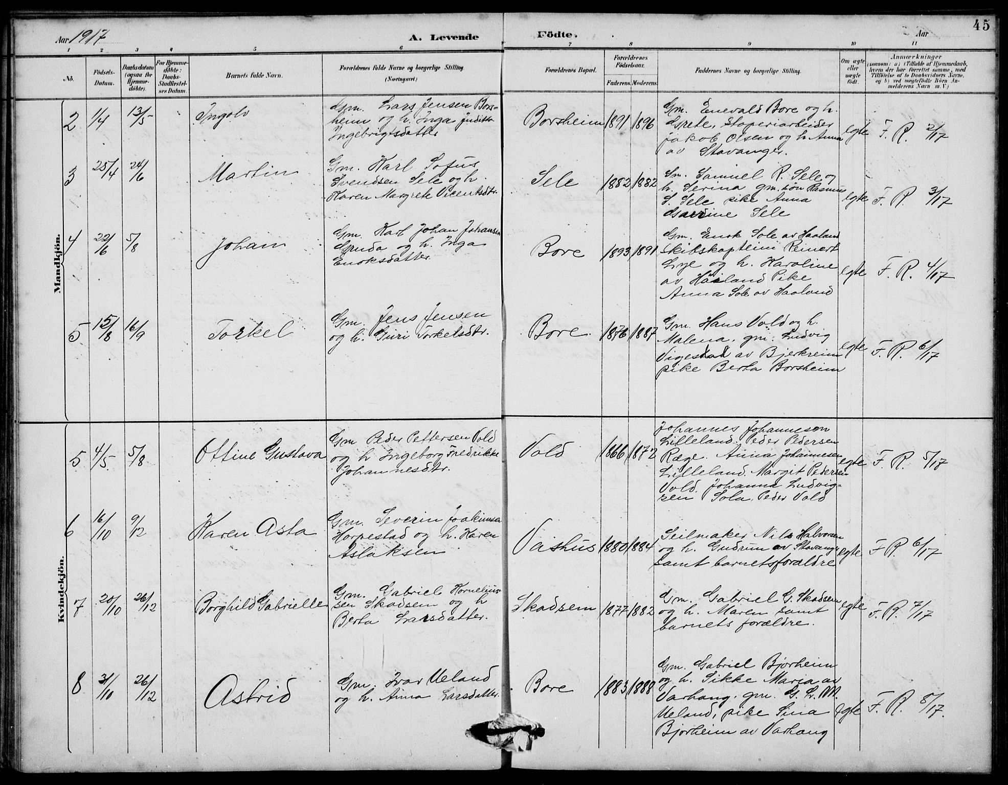 Klepp sokneprestkontor, SAST/A-101803/001/3/30BB/L0006: Parish register (copy) no. B 6, 1889-1936, p. 45