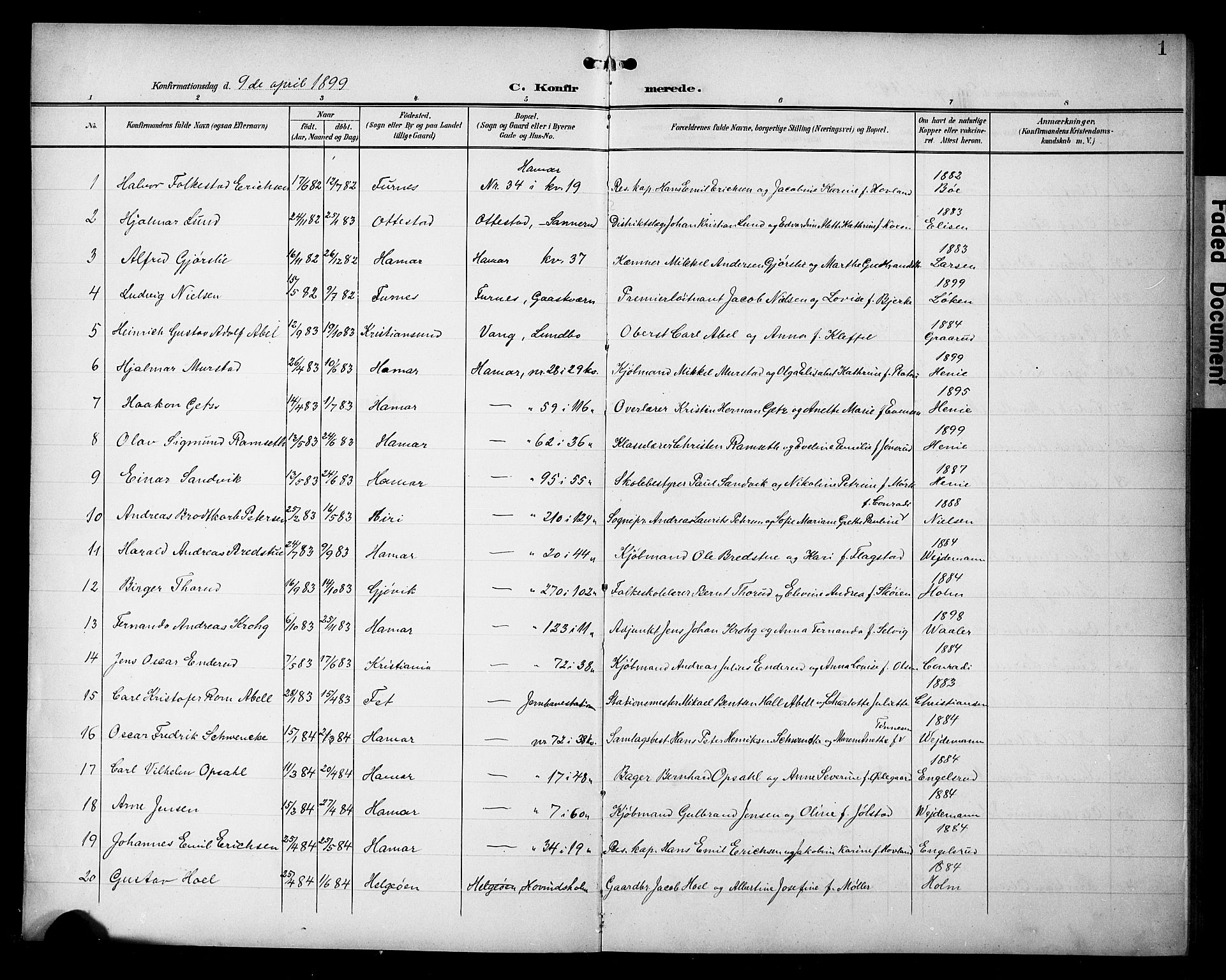 Hamar prestekontor, SAH/DOMPH-002/H/Ha/Hab/L0002: Parish register (copy) no. 2, 1899-1929, p. 1