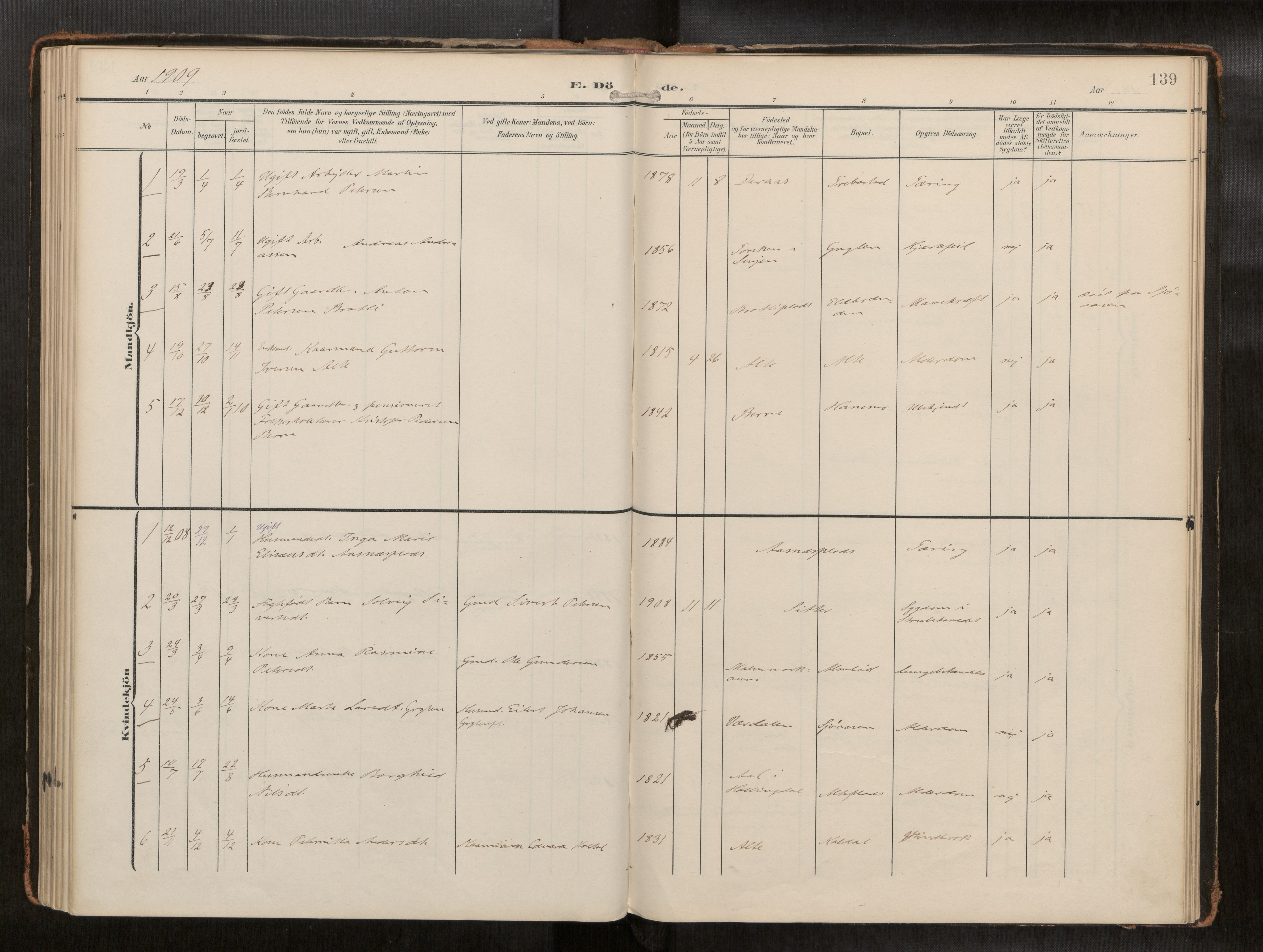 Ministerialprotokoller, klokkerbøker og fødselsregistre - Nord-Trøndelag, AV/SAT-A-1458/742/L0409a: Parish register (official) no. 742A03, 1906-1924, p. 139