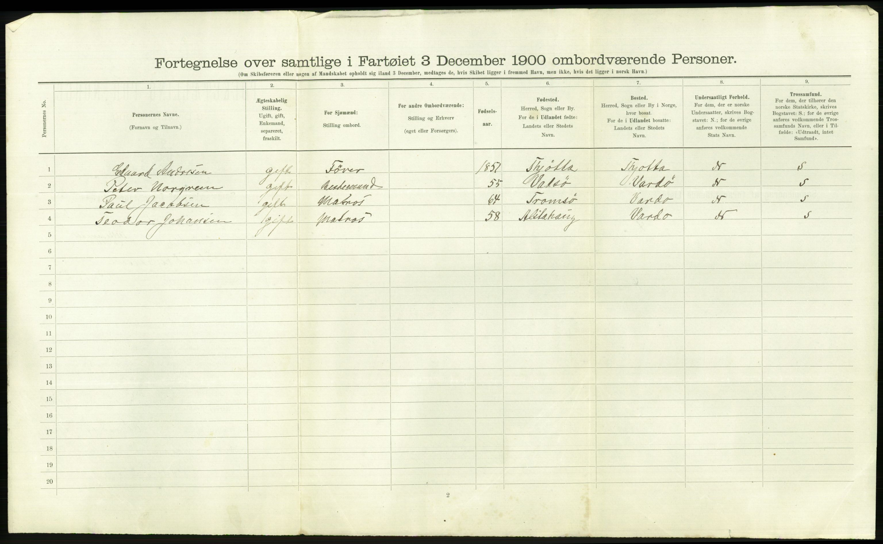 RA, 1900 Census - ship lists from ships in Norwegian harbours, harbours abroad and at sea, 1900, p. 2804