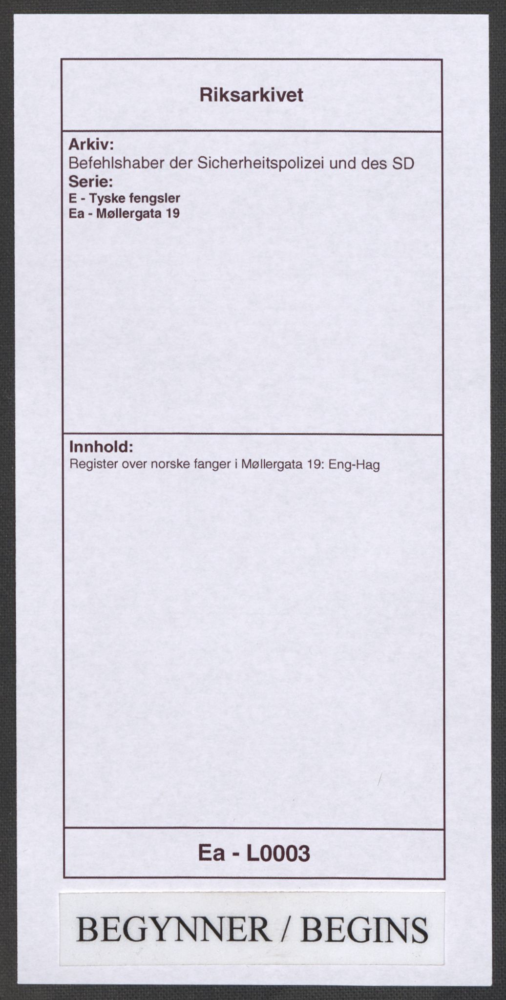 Befehlshaber der Sicherheitspolizei und des SD, AV/RA-RAFA-5969/E/Ea/Eaa/L0003: Register over norske fanger i Møllergata 19: Eng-Hag, 1940-1945, p. 1