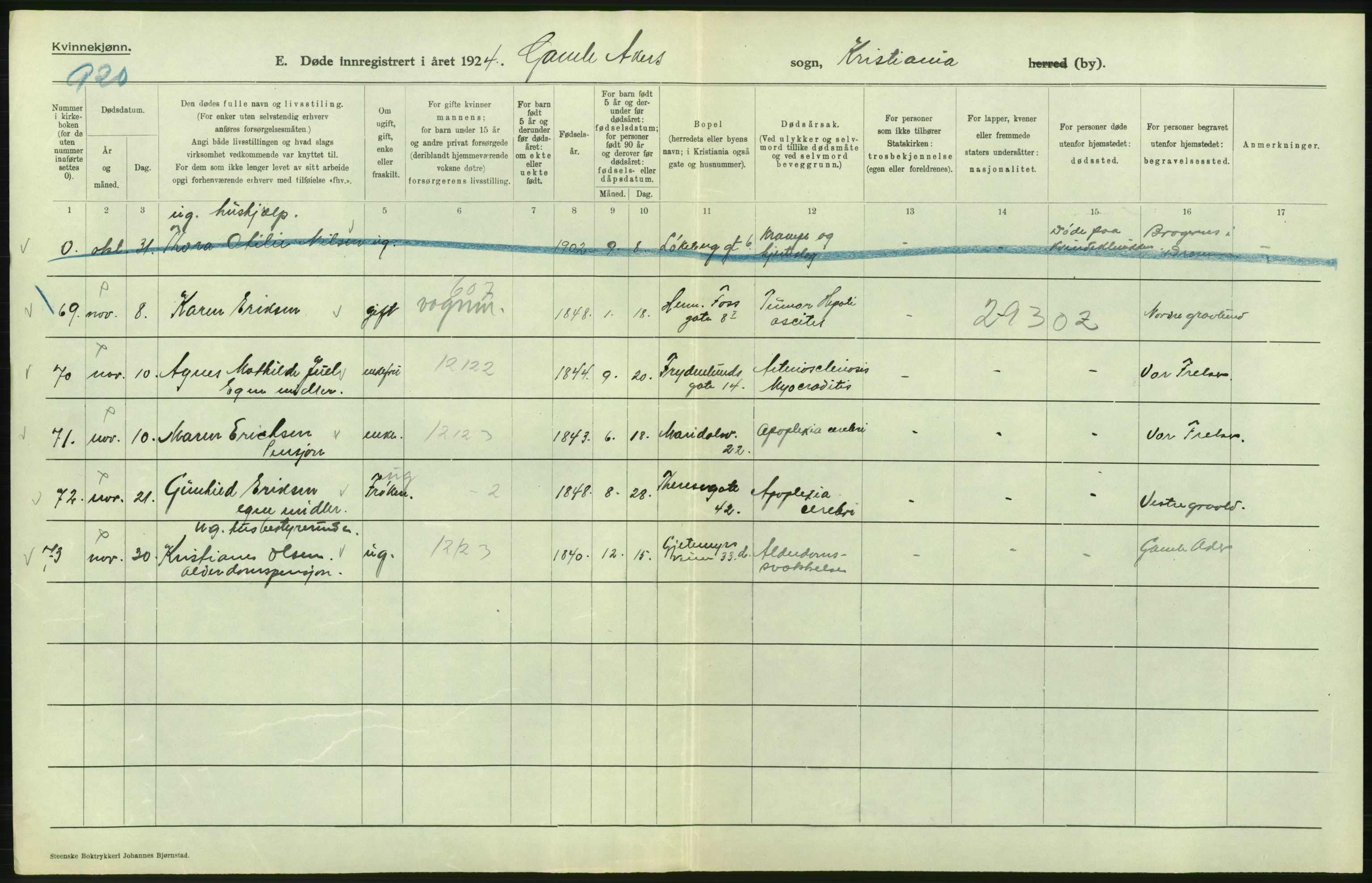 Statistisk sentralbyrå, Sosiodemografiske emner, Befolkning, AV/RA-S-2228/D/Df/Dfc/Dfcd/L0009: Kristiania: Døde kvinner, dødfødte, 1924, p. 216