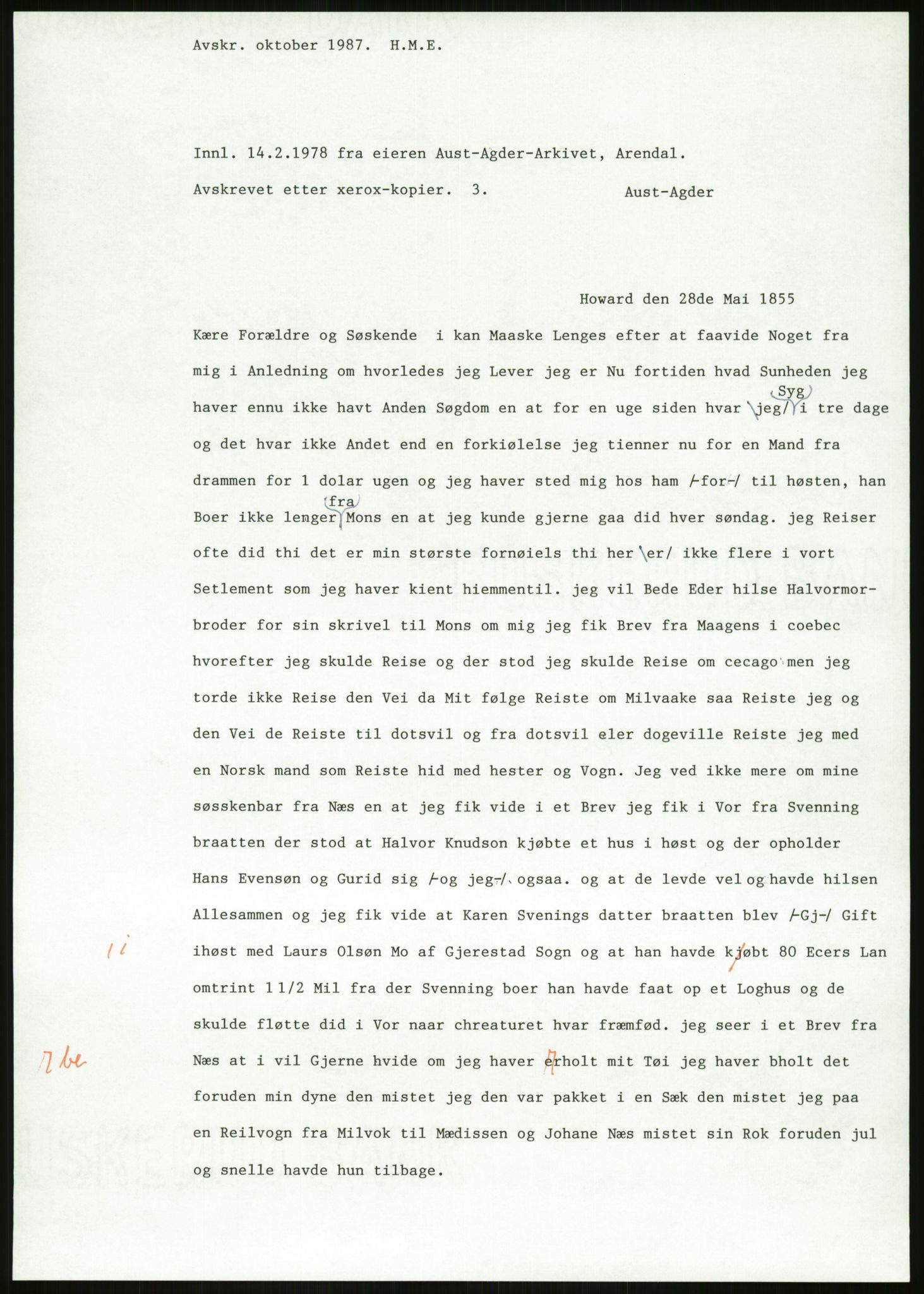 Samlinger til kildeutgivelse, Amerikabrevene, AV/RA-EA-4057/F/L0026: Innlån fra Aust-Agder: Aust-Agder-Arkivet - Erickson, 1838-1914, p. 55