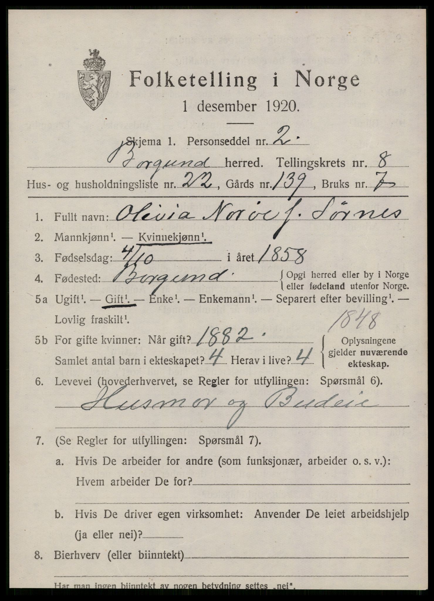 SAT, 1920 census for Borgund, 1920, p. 7594