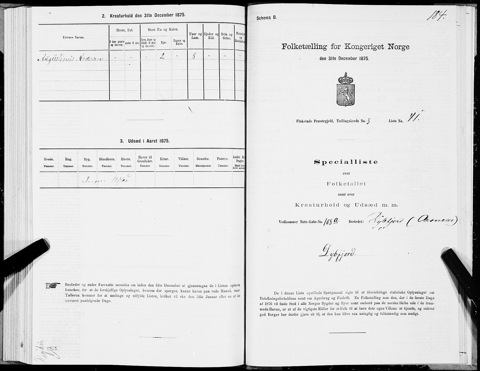 SAT, 1875 census for 1859P Flakstad, 1875, p. 2184